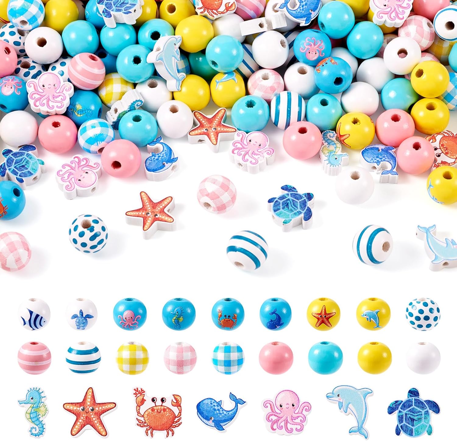 Beadthoven 243pcs Sea Ocean Wood Beads for Crafts 16mm Round Wooden Craft Beads Starfish Turtle Spacers Polished Wooden Beads Colorful Hawaii Beads for Summer Beach Party Decor Garland Jewelry DIY