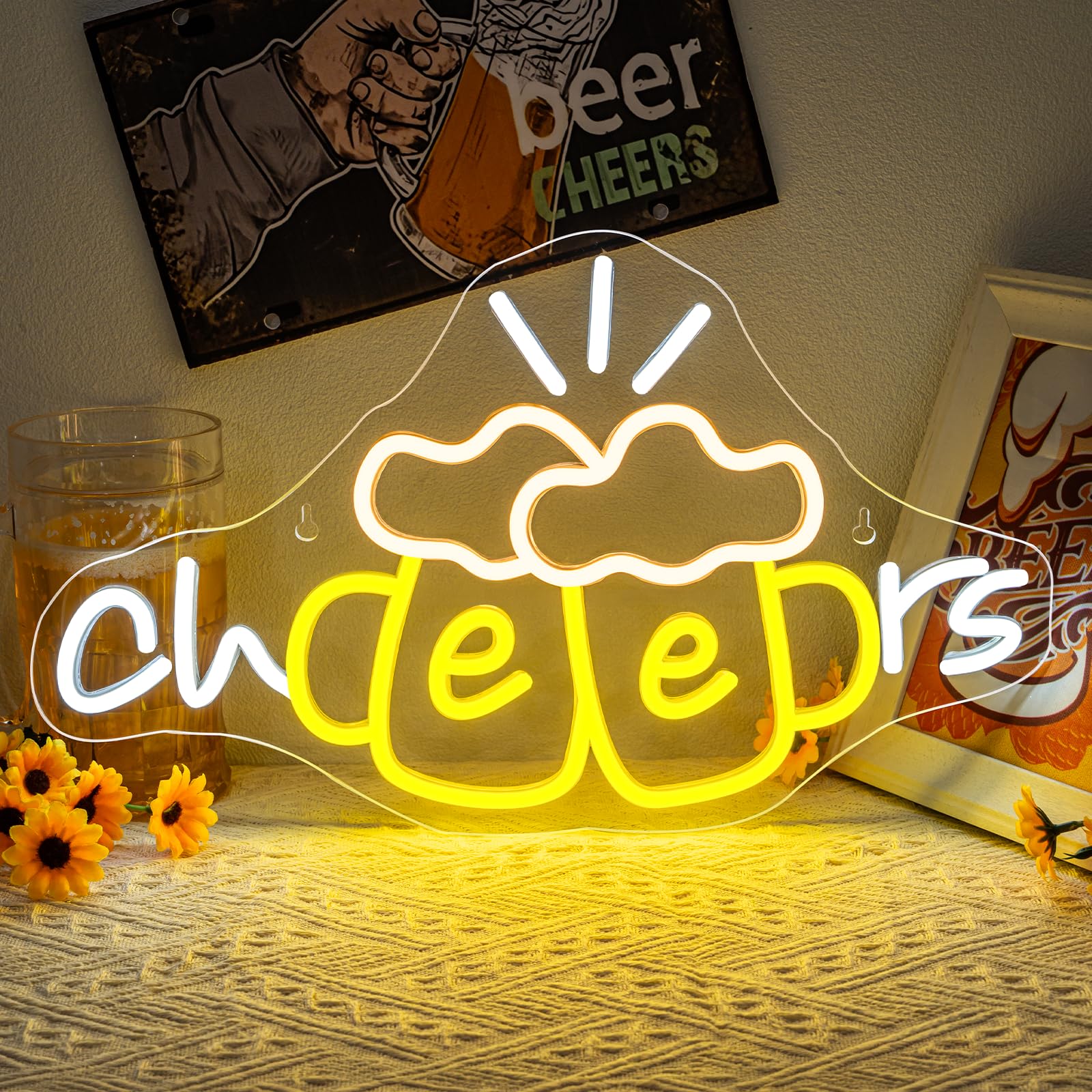 Cheers Neon Sign Beer Cup Neon Lights for Wall Decor Dimmable LED Neon Light Up the Good Times with a Cold Glow USB Powered for Bars Party Living Room Bar Man Cave Party Home kitchen Restautrant