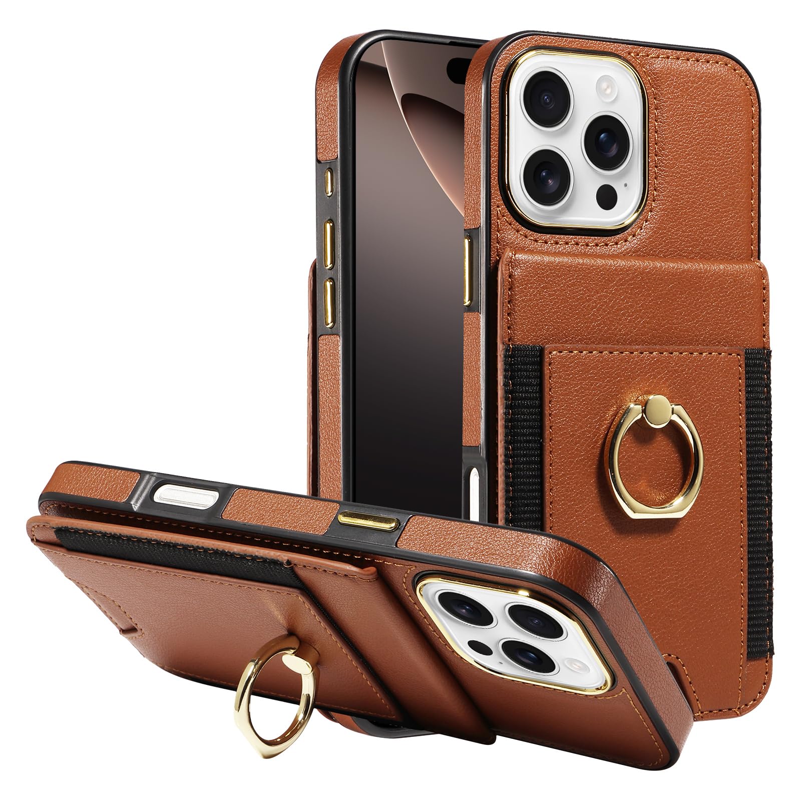 S. Tedazo for iPhone 16 Pro Max Wallet Case with Credit Card Holder and 360° Rotation Ring Stand, RFID Block Flip Leather Shockproof Cover for iPhone
