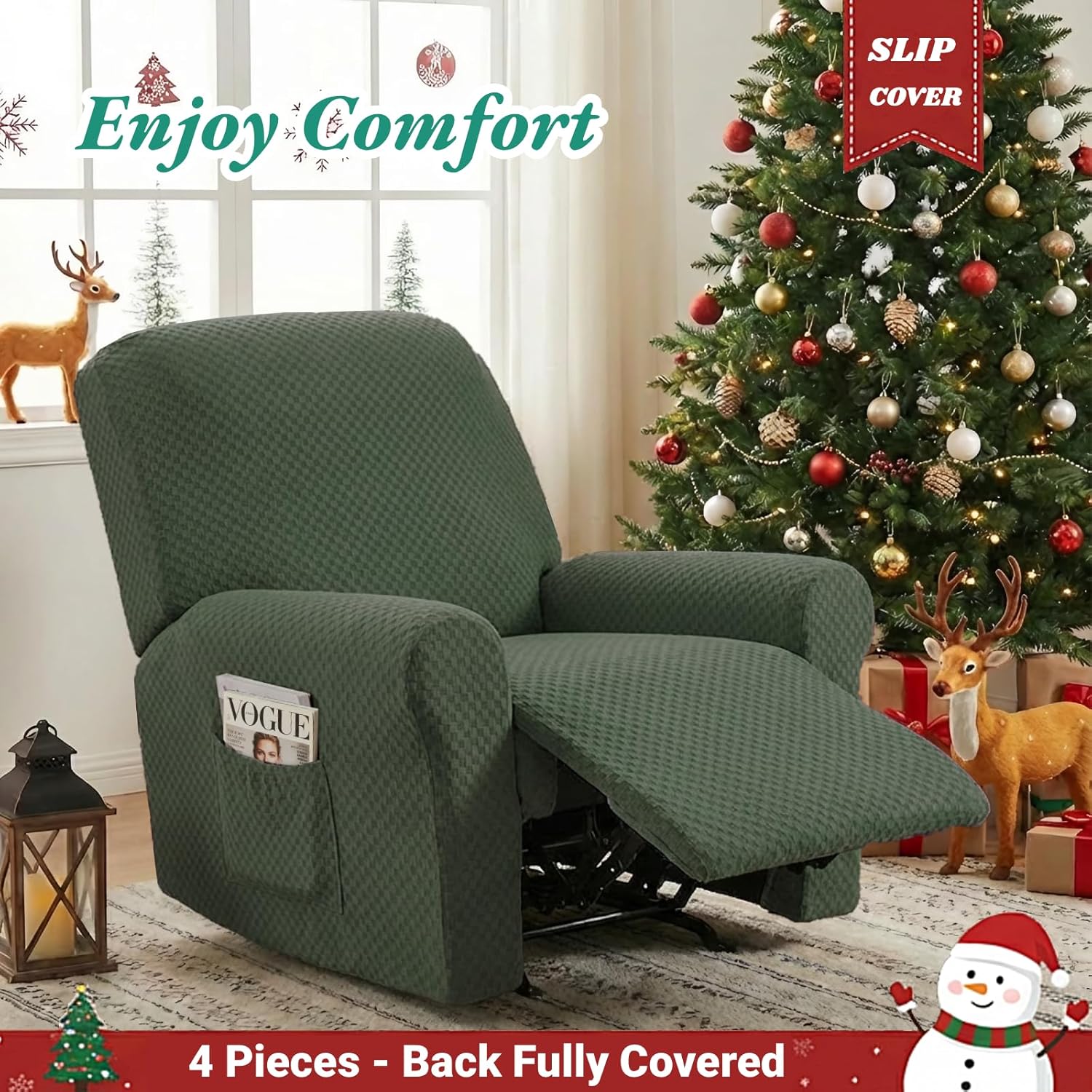 YEMYHOM 4 Pieces Stretch Recliner Slipcover Latest Jacquard Recliner Chair Cover with Side Pocket Anti-Slip Fitted Recliner Cover Couch Furniture Protector with Elastic Bottom (Recliner, Army Green)