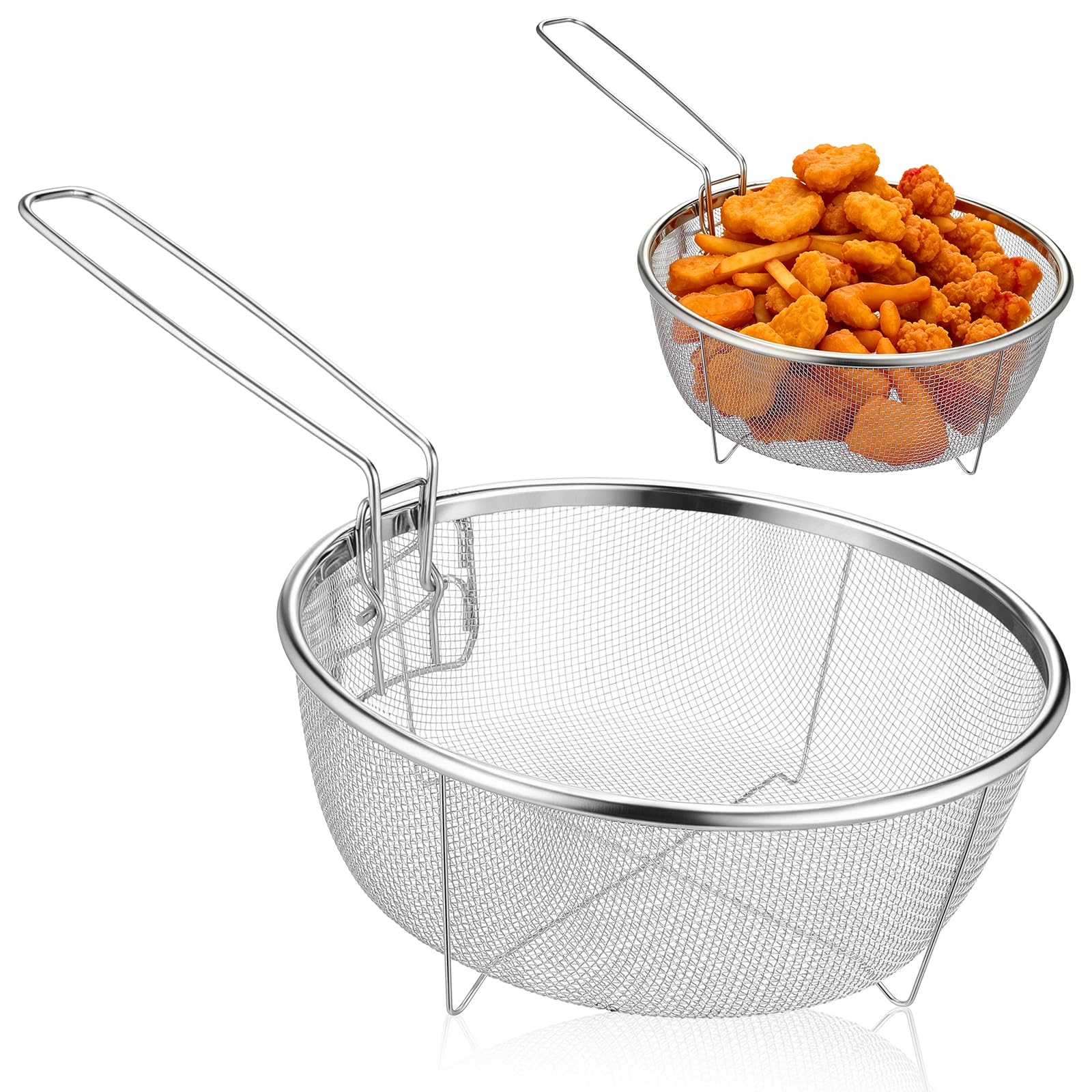 MAGICLULU Cestino rotondo in acciaio inox da 22,9 cm con manico staccabile, resistente cestello per friggere profondamente per cucinare casa, ristorante, patatine, anelli di cipolla, lavare verdure