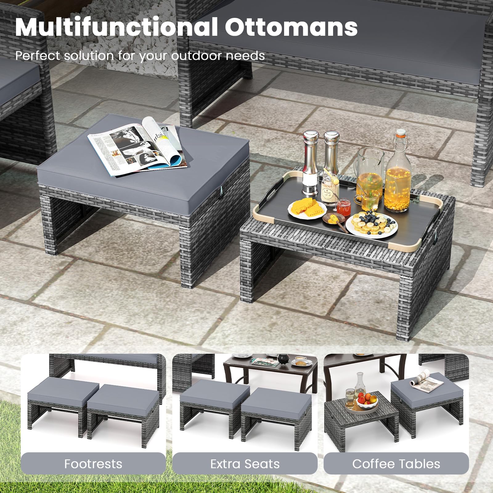 RELAX4LIFE 2-Piece Wicker Ottoman Set - Rattan Footrest With Removable Cushions, Grey