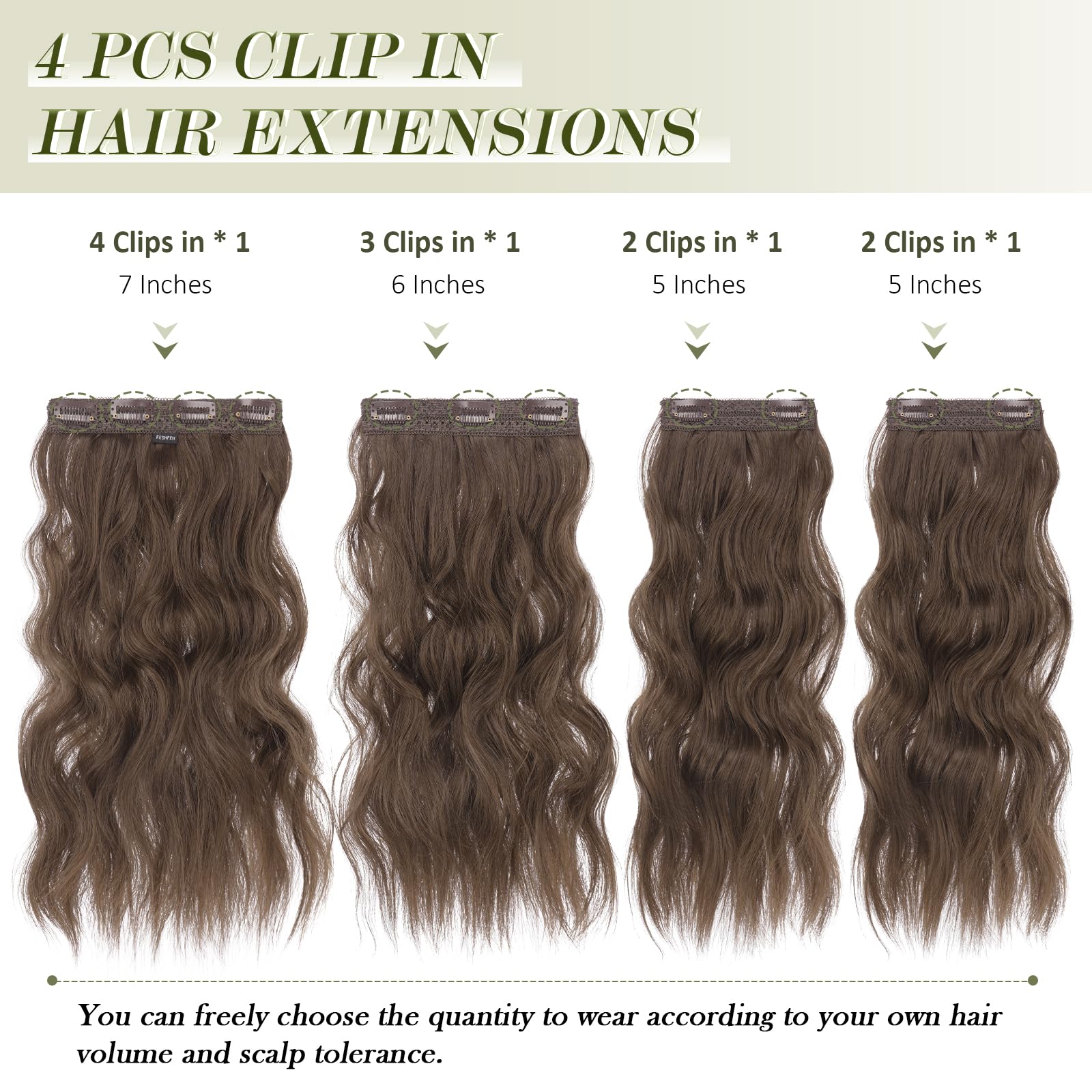 FESHFEN Clip in Hair Extensions 4PCs Long Wavy Thick Hair Piece Highlighted Full Head Synthetic Natural Curly Chestnut Brown Extension for Women 16 Inch - Image 2