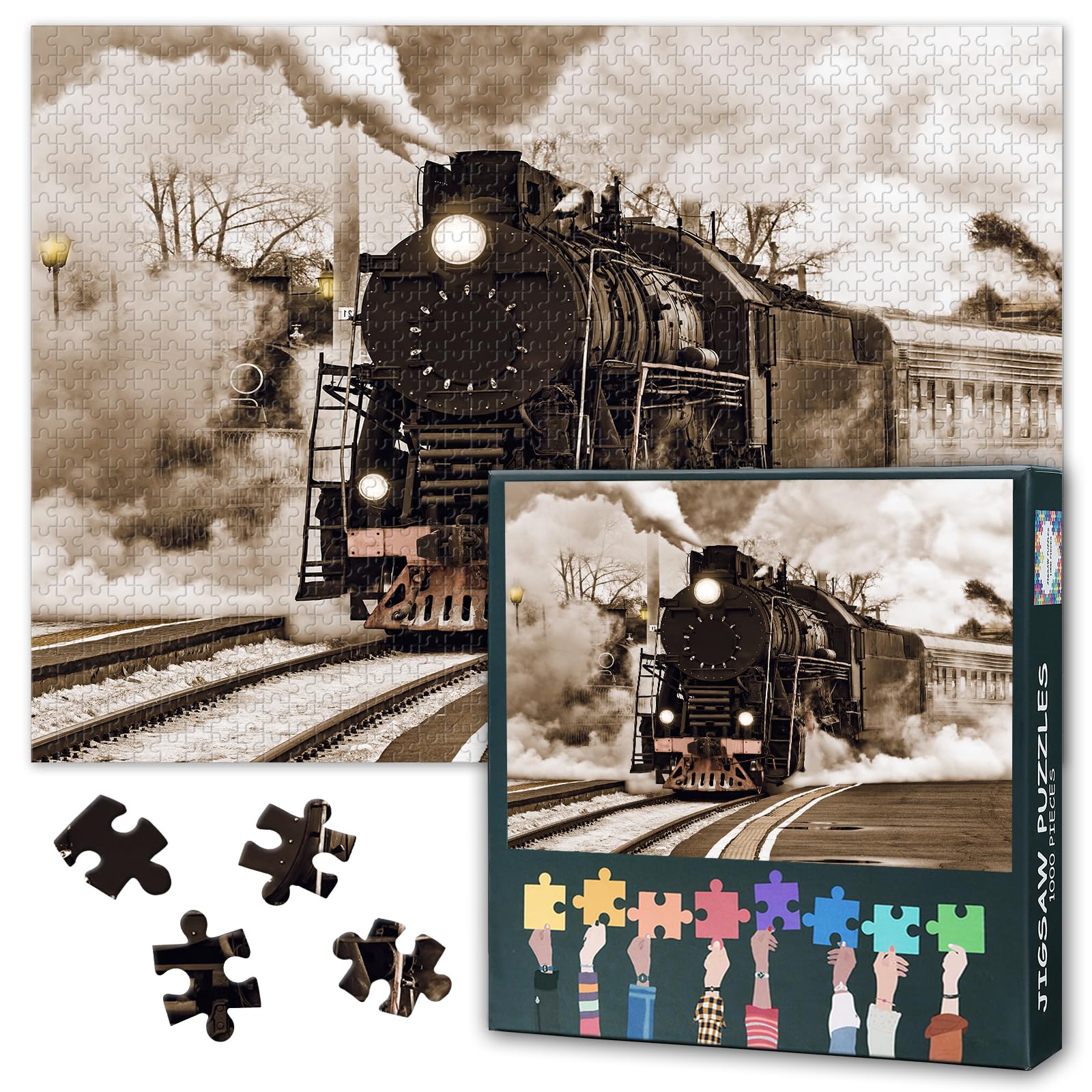 1000 Piece Jigsaw Puzzle for Adults Retro Steam Train Artwork Vintage Railway Theme Picture Challenging Puzzle Game Wall Decor for Living Room Bedroom Office 27.5x19.7 Inch