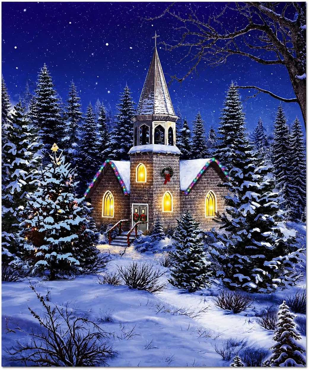 Lighted Church Canvas Print, Religious Christmas Wall Art, Snowy Church with Steeple in Woods, Winter Night Scene with Glowing Windows, Snow Flocked Trees, Battery Operated Holiday Decor, 15.75 x 11.75 in