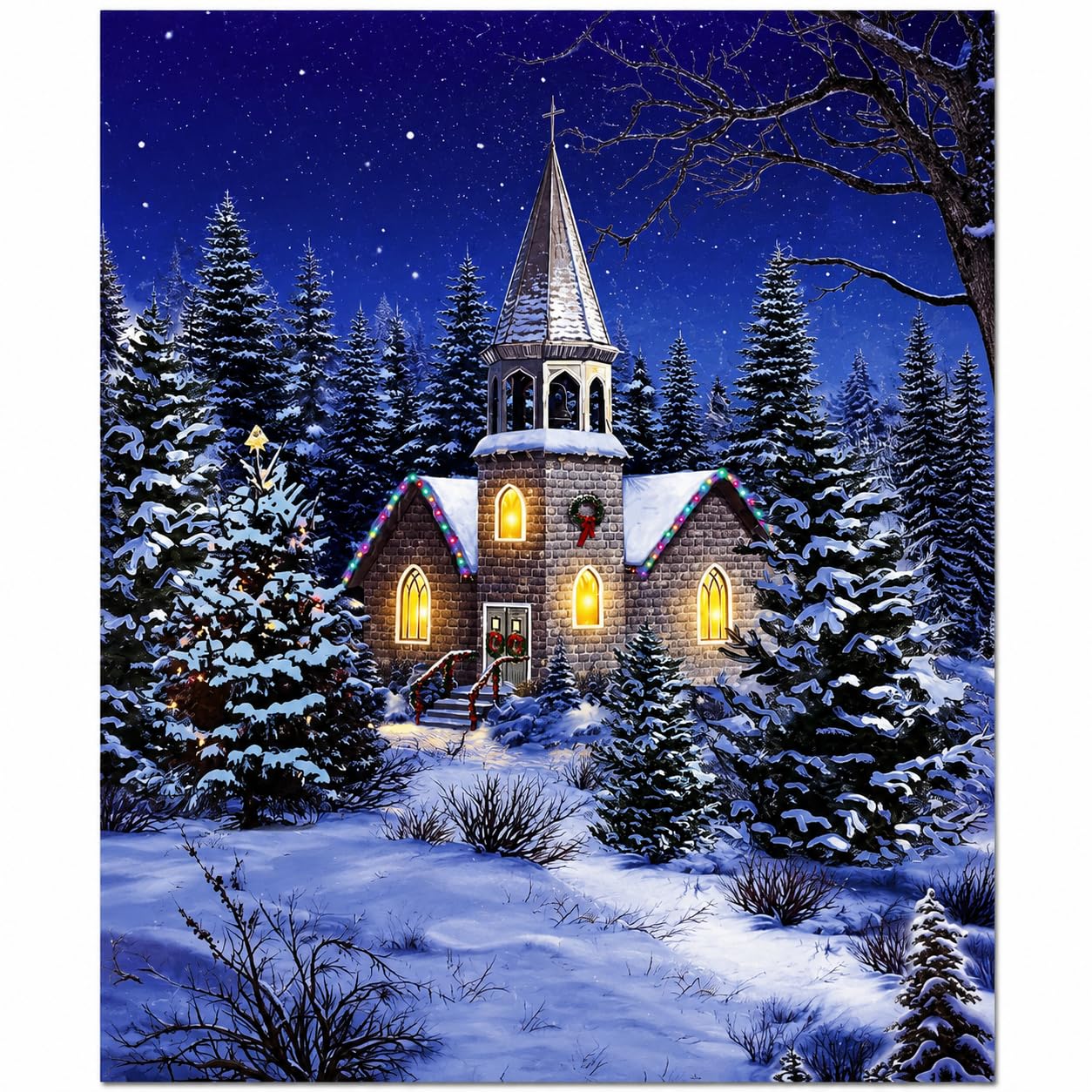 Amazon.co.jp: クリスマス壁アート – Church at Night Picture with
