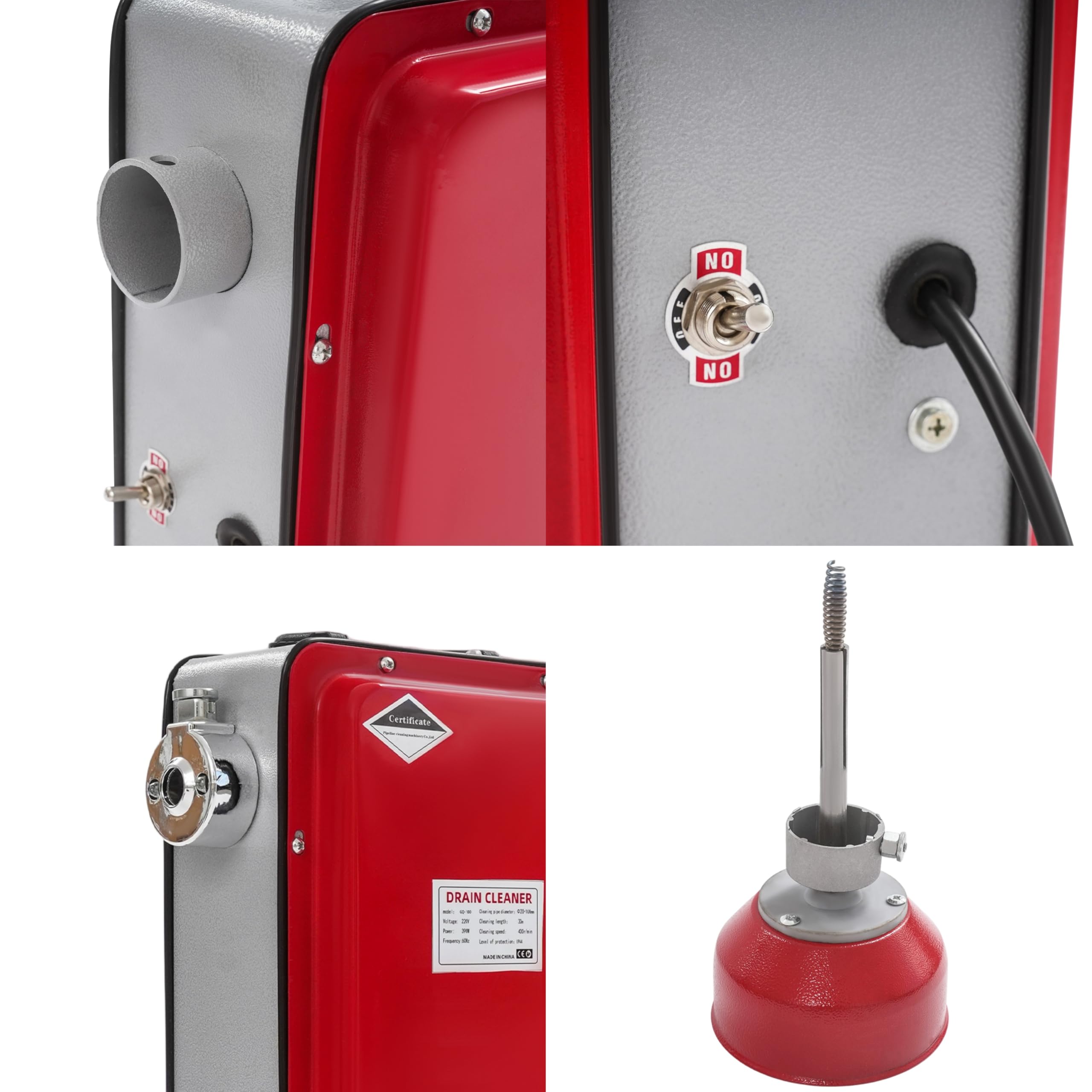 240 W eléctrico de limpieza de tuberías con 6 cabezales de corte, 400 rpm, limpiador de desagües, dispositivo de limpieza de tuberías con resorte de 22,5 m, limpiador de tuberías para tuberías de 20