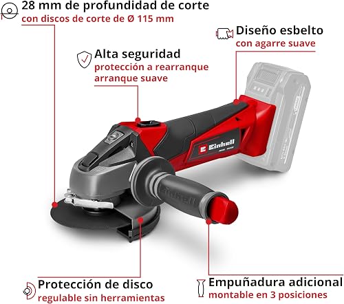 Einhell Cordless Angle Grinder 18V Power X-Change, 115mm (4 Inch), Disc Battery Grinder for Cutting, Grinding and Polishing, Without Battery TE-AG 18/115 Li Solo Power Tool - 4