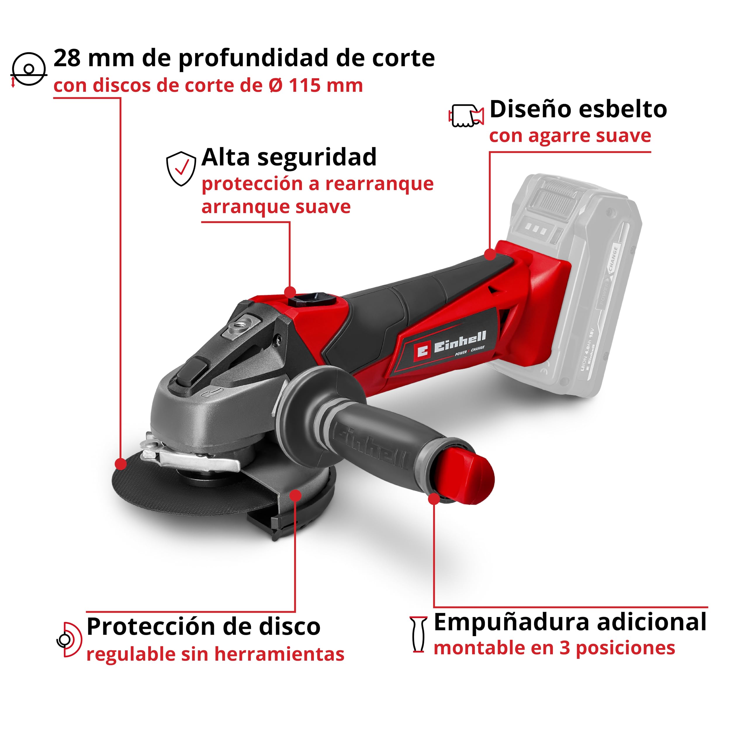Einhell Amoladora angular con batería TE-AG 18/115 Li-Solo Power X-Change (18 V, 115 mm diámetro de disco, 28 mm profundidad de corte, arranquue suave, sin disco, sin batería)