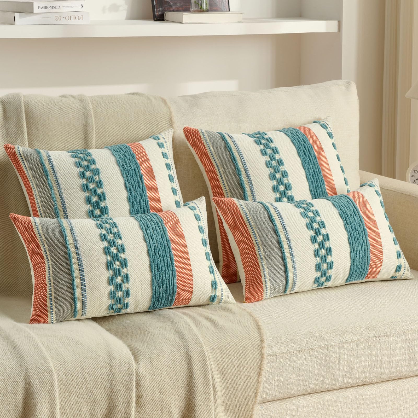 FUTEI Set di 2 federe decorative per cuscini, 45 x 45 cm, morbide, trapuntate, a righe, in stile bohémien, decorazione per la casa, divano, letto, camera da letto, soggiorno