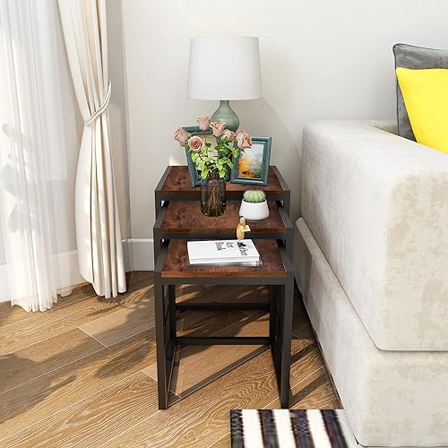 Miniatura 5 de Juego de 3 mesas auxiliares, mesa auxiliar moderna apilable con marco de metal, color marrón Marrón,Negro