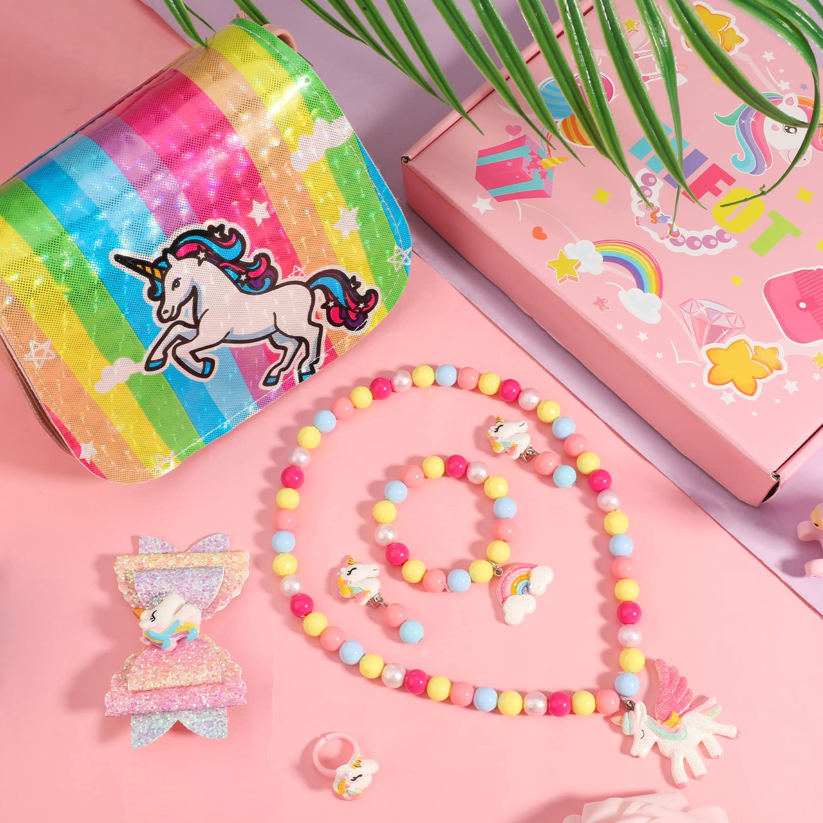 Hifot Sac à Main Licorne Peluche + Bijoux 5 Pièces – Collier, Bracelet, Bague, Boucles – Sac Bandoulière – Cadeau Fille 3-9 Ans