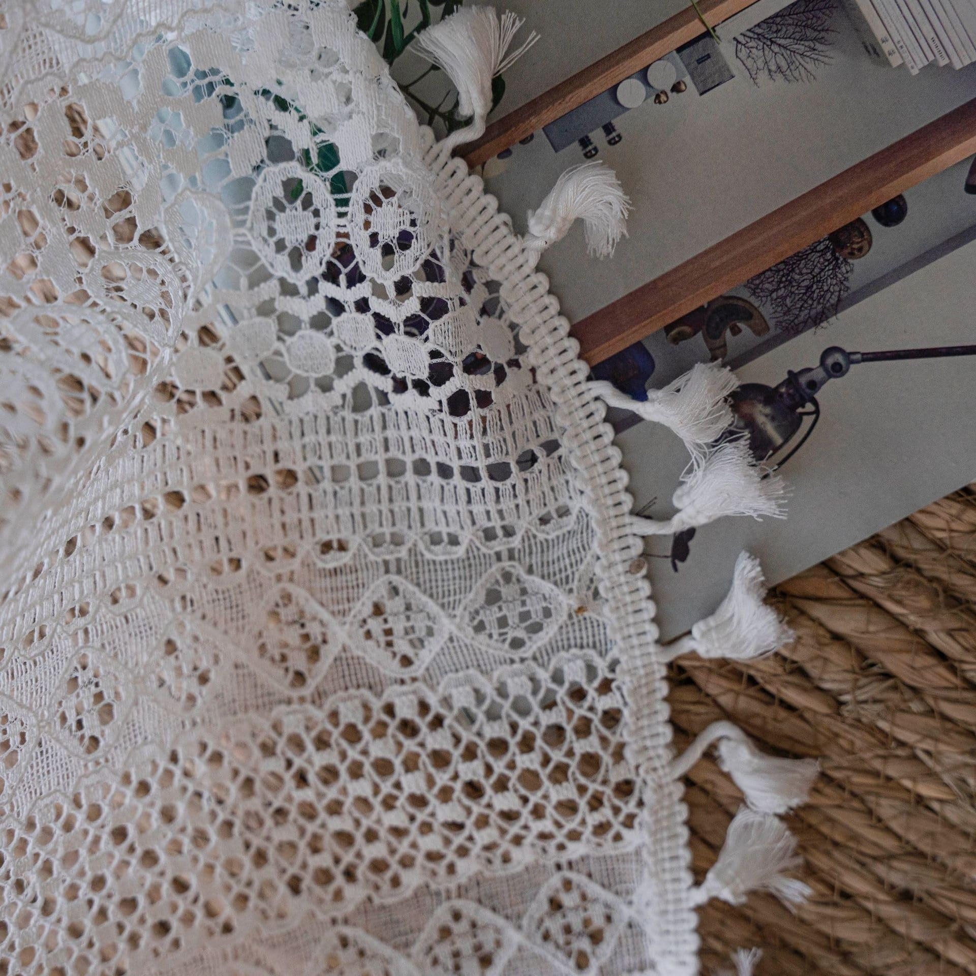 Rideaux à pompons en crochet de coton avec passe-tringle - Motif carré - Style rural - Pour chambre à coucher et salon - 150 x 240 cm