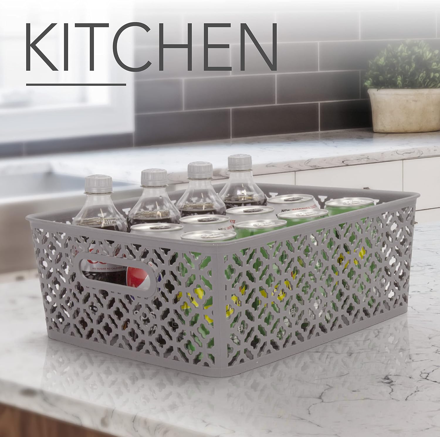 BROOKSTONE - 2 Pack Large Storage Baskets with Handles, Decorative Woven Pattern, Versatile and Stylish Organizers for Home, BPA Free Plastic Bins
