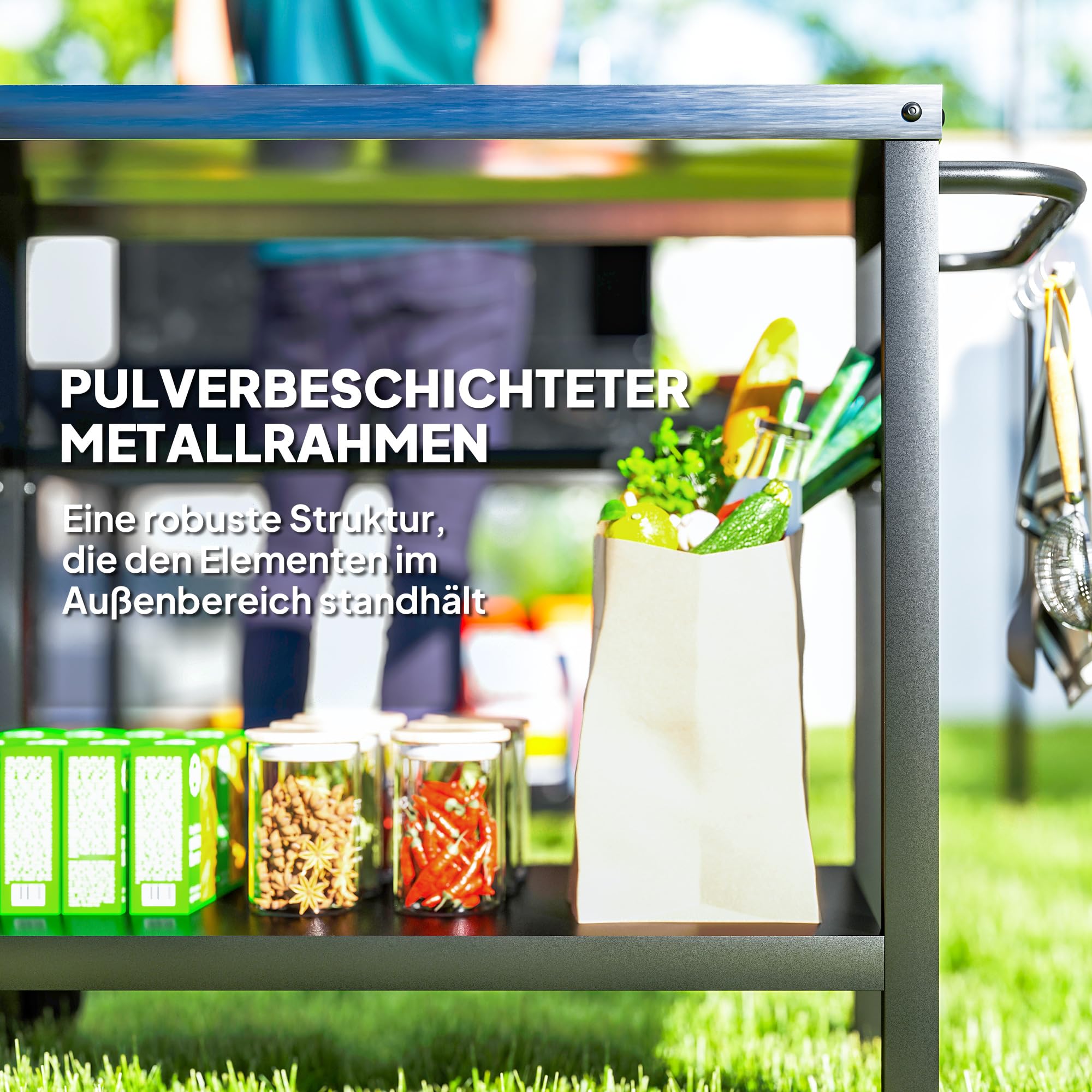 Outsunny Grillwagen 2-Etagen Servierwagen mit Arbeitsfläche Ablagen Haken Räder, BBQ Grilltisch aus Edelstahl, Grill Beistelltisch, Outdoor Rollwagen für Garten, Terrasse, Grill, 102 x 56 x 81cm