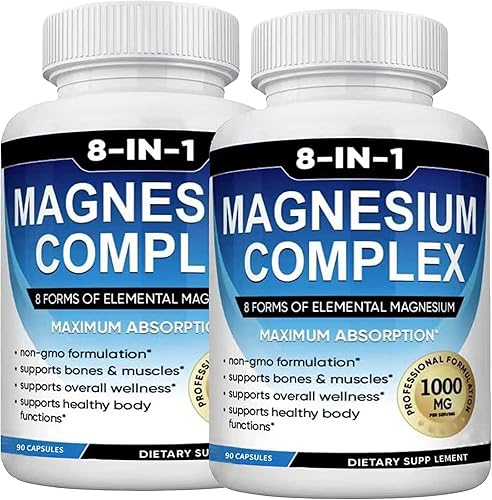 Magnesium Complex Supplement 8 Elemental 1000mg, Magnesium Glycinate, Recovery, Muscle, Energy, Vegan Non-GMO 90 Capsules