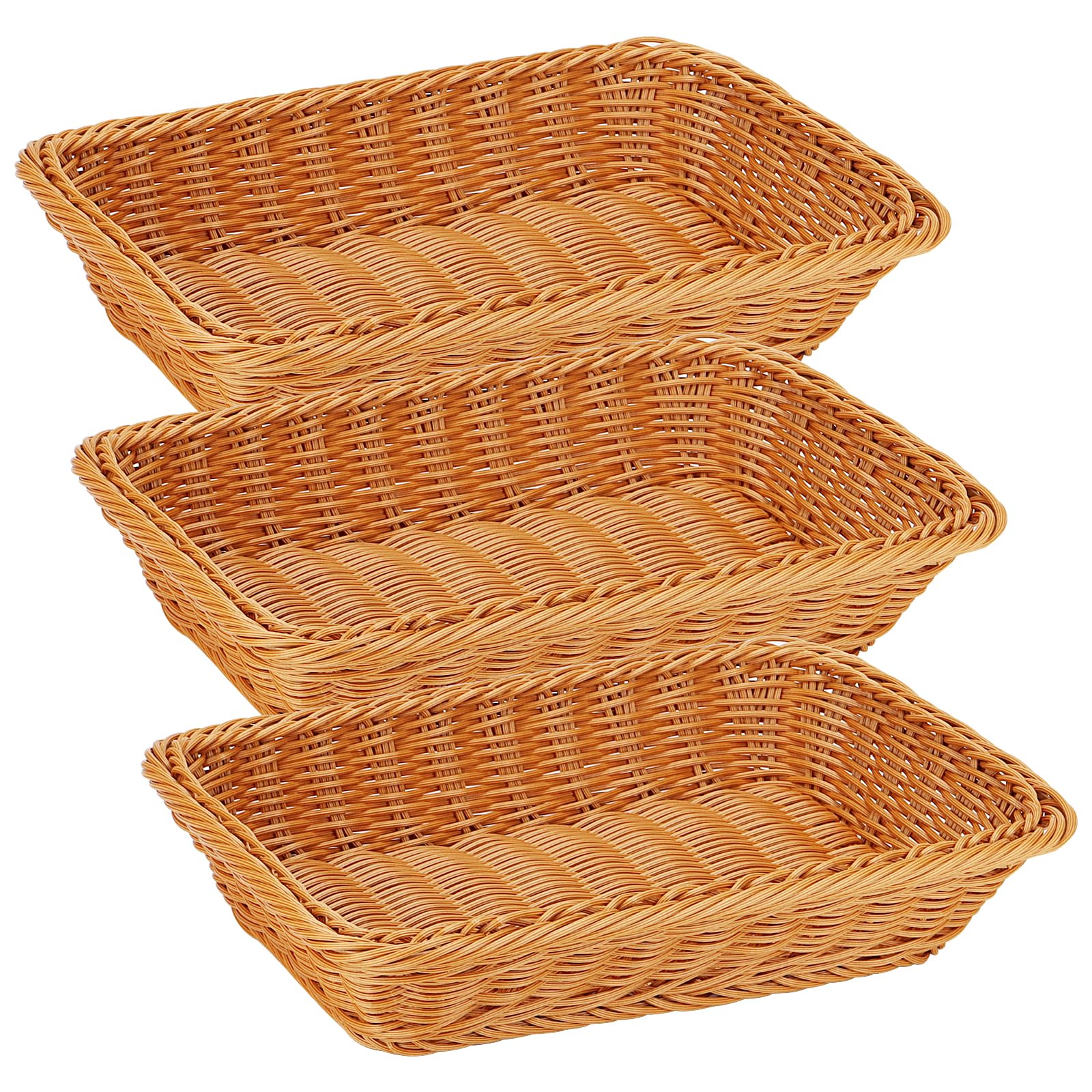 ZEONHAK 3 Pack 30 x 20 x 7cm Imitation Wicker Woven Bread Baskets, 11.8 x 8 x 2.75 Inch Brown Rectangular Poly Food Storage Baskets for Kitchen