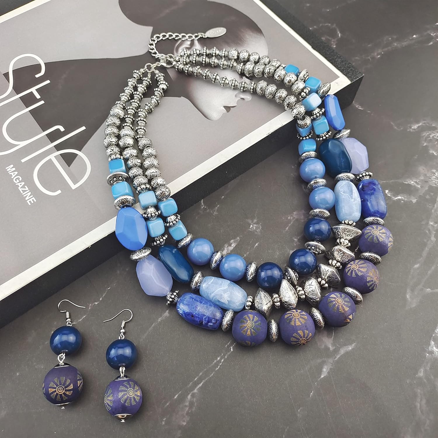 Bocar 3 Layer Chunky Statement Beaded Necklace and Earrings Set, Fashion Multi Layer Women Collar Necklace Jewelry Set - Image 4