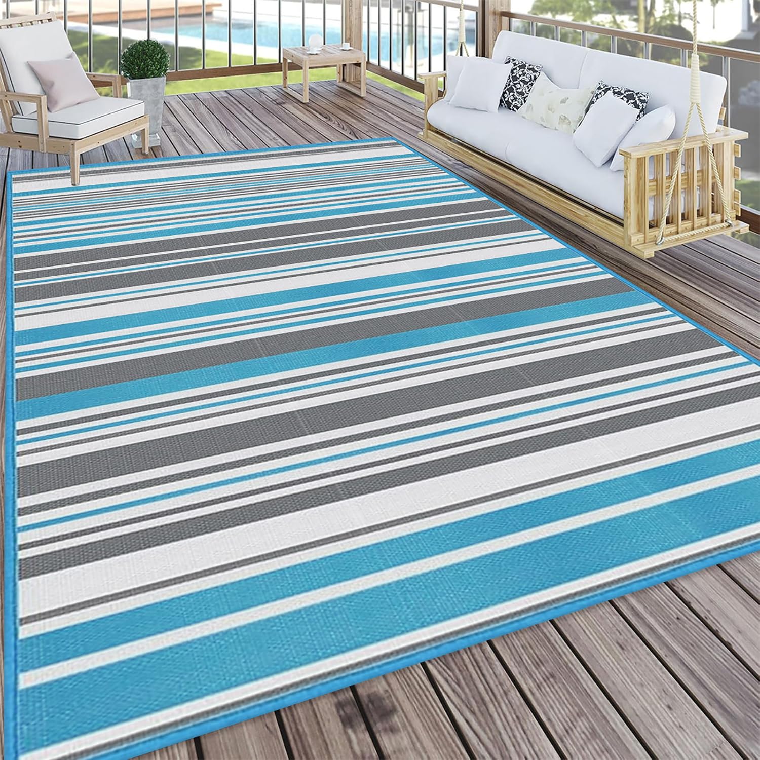 Balkonteppich Wasserfest Outdoor Flach Gewebt Gestreift Kunststoffteppich,Recycelter Premium UV-Beständig Camping Teppich Outdoor Reversible Matte für Garten Picknick Terrassenteppich,150x240cm