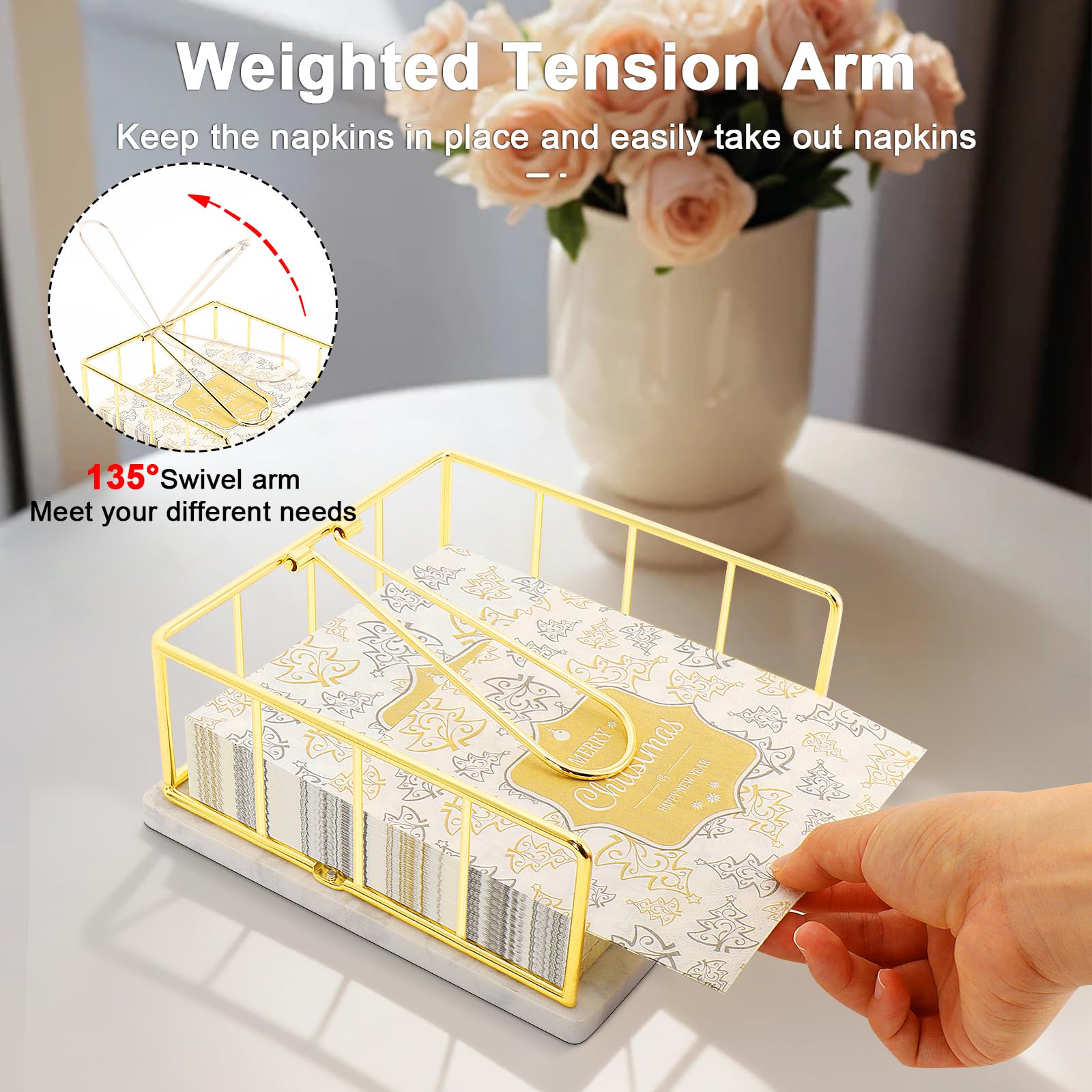 Livabber Servilletero plano con base de mármol, servilletero de cocina de metal con brazo de tensión pesado, dispensador de papel de seda rústico para encimera, mesa, cocina, comedor (dorado)