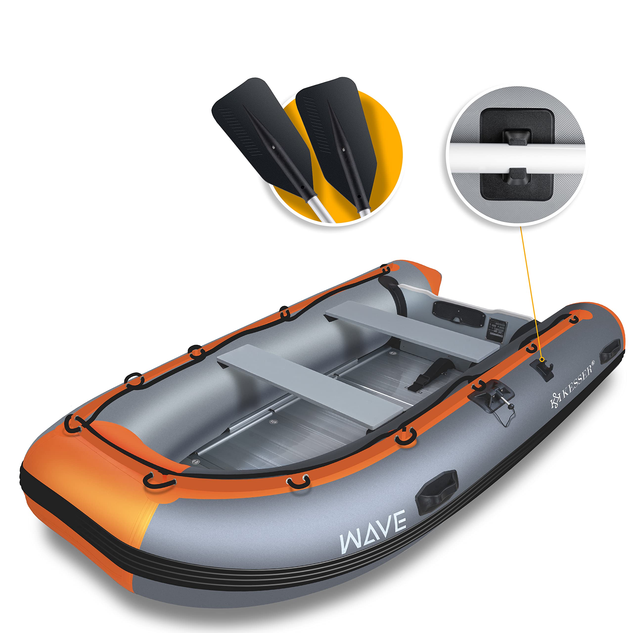 KESSER® Embarcación neumática de 3,20 m para 4 Personas, PVC, Apta para Motor de Olas, con 2 Bancos, Suelo de Aluminio, Remo, Bomba, Kit de Reparación, Bolsa, Hinchable