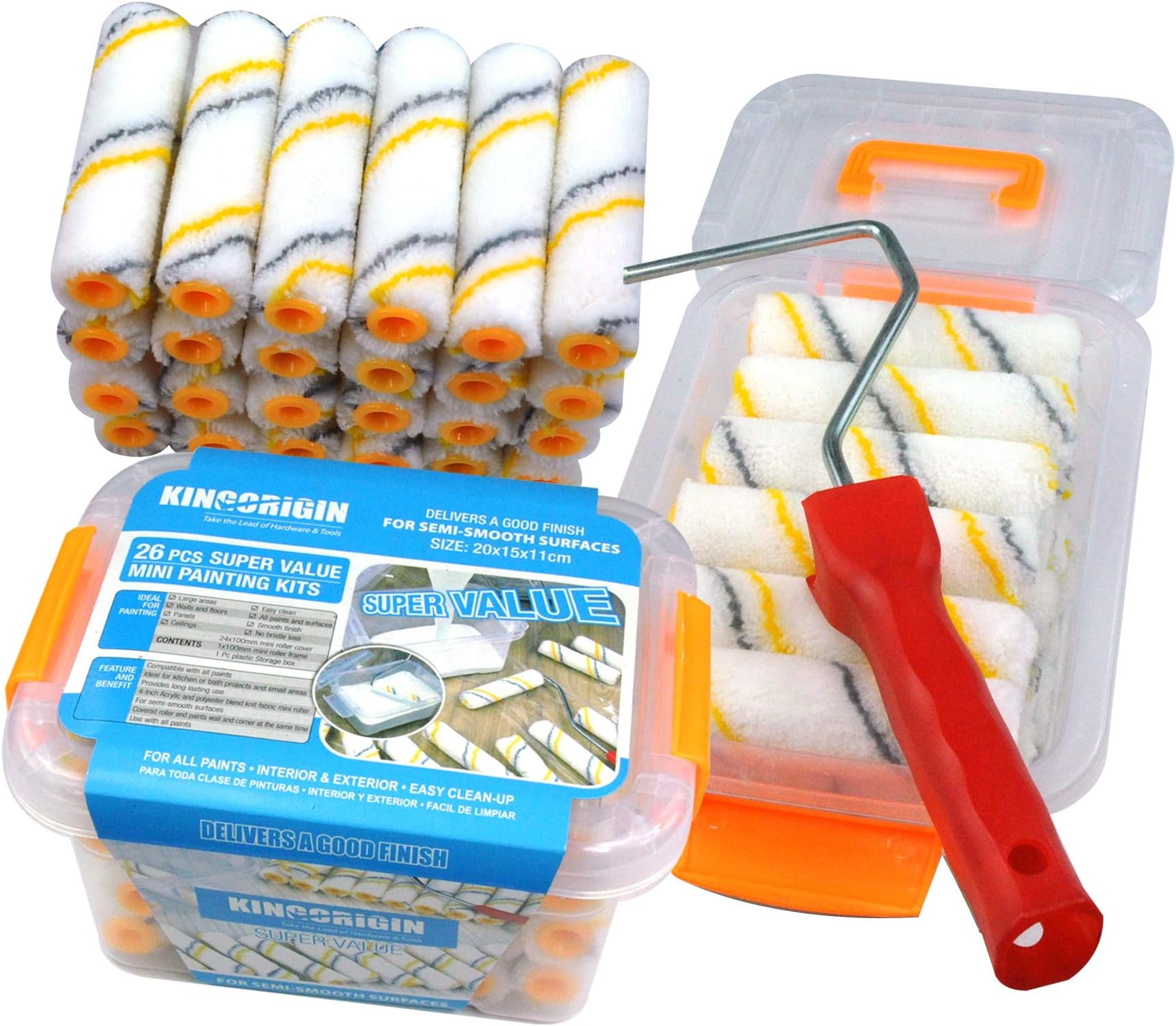 Kingorigin 26 Piece Painters Selected,Paint Roller Covers 4 inch Paint Brush Wall Paint Brushes 4 inch Mini Paint Roller Set Paint Bucket Tool kit Tool Box