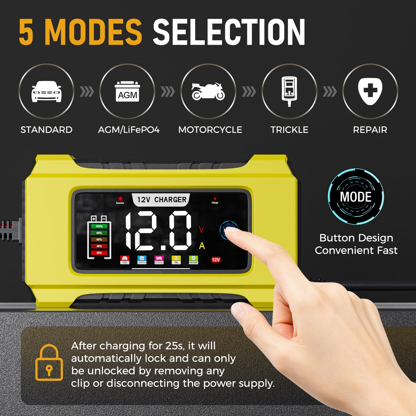 Caricabatteria automatico per auto – 12 V 0-6 A regolabile Smart Trickle Charger con riparazione della batteria, desolfazione automatica, funzioni di compensazione della temperatura, adatto per AGM