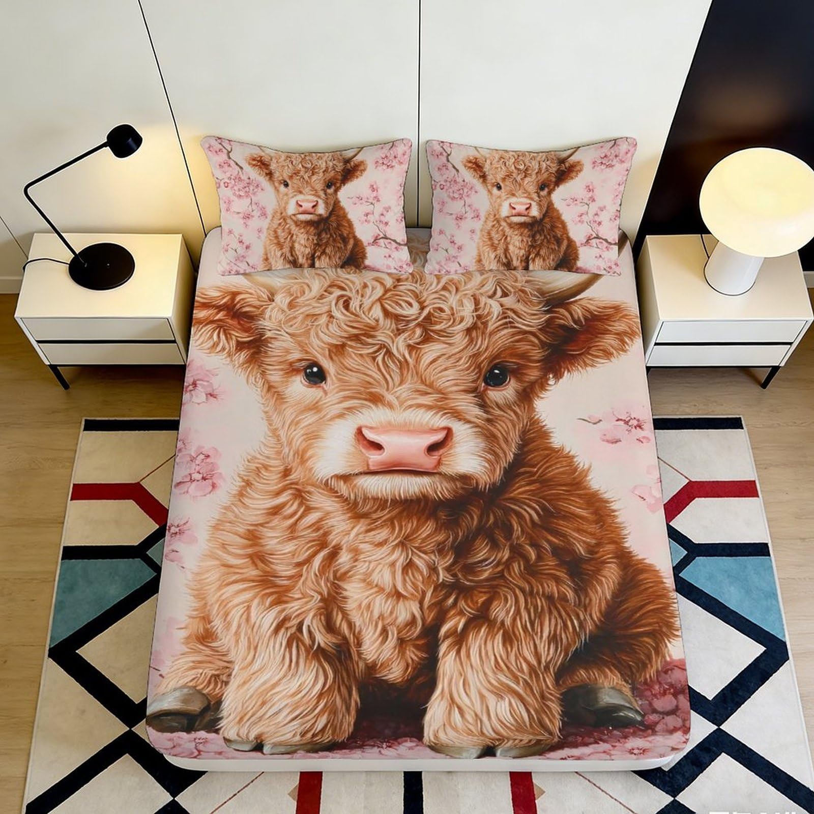 3D Printed Highland Cow Animal Fitted Sheet Microfiber Non Slip Pink Cartoon Calf Mattress Cover Bedroom Decor 120x200x25cm