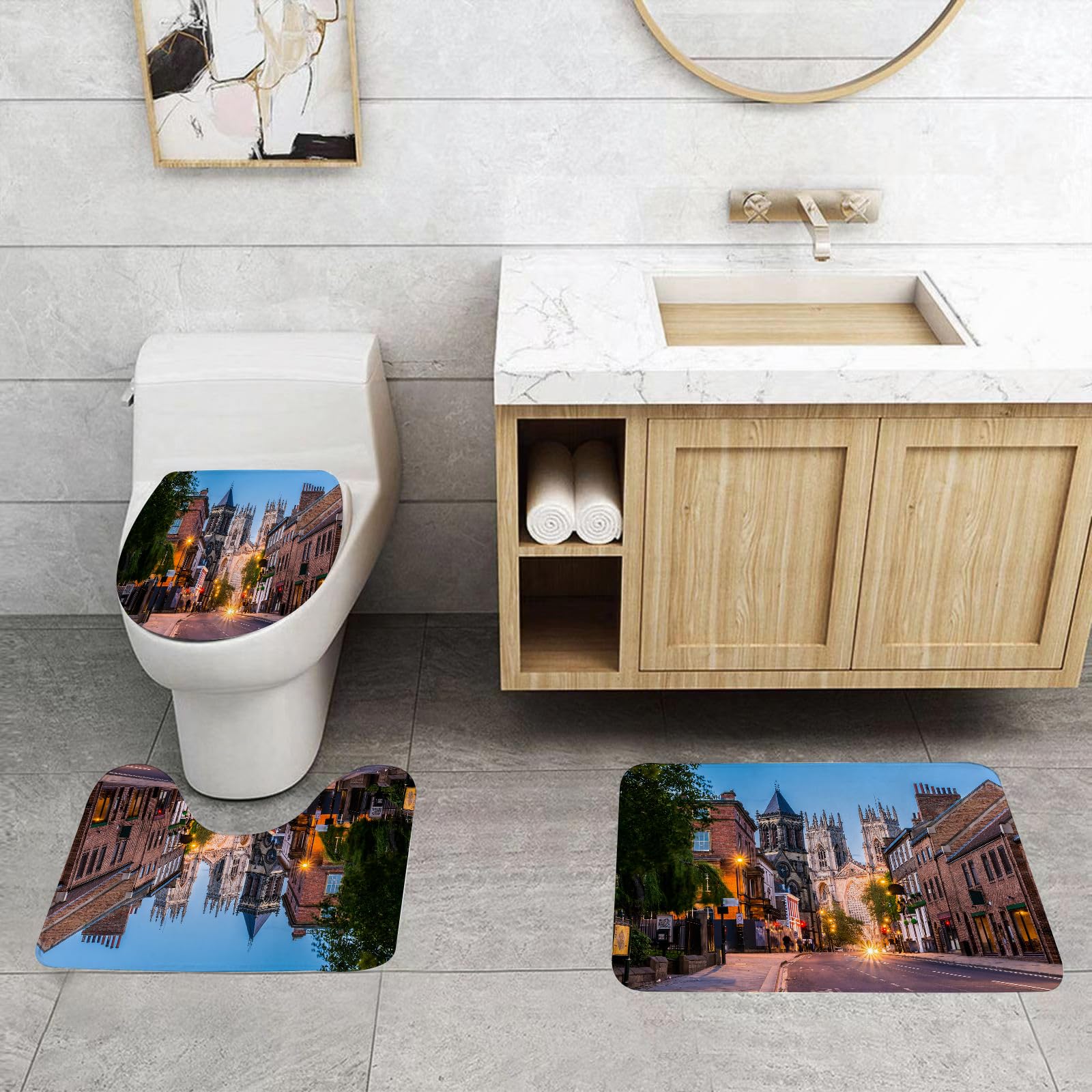 Set di 3 tappetini da Bagno, Lavabili in Lavatrice e Antiscivolo, tappetini in Morbida Fibra Superfine, Decorazioni Gotiche, Vista della Cattedrale di York.