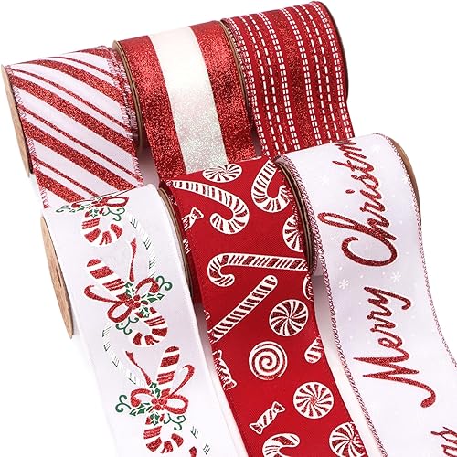 Ribbli Cinta de Navidad con alambre rojo y blanco para árbol de Navidad, bastón de caramelo, cintas de arpillera con purpurina para decoración,