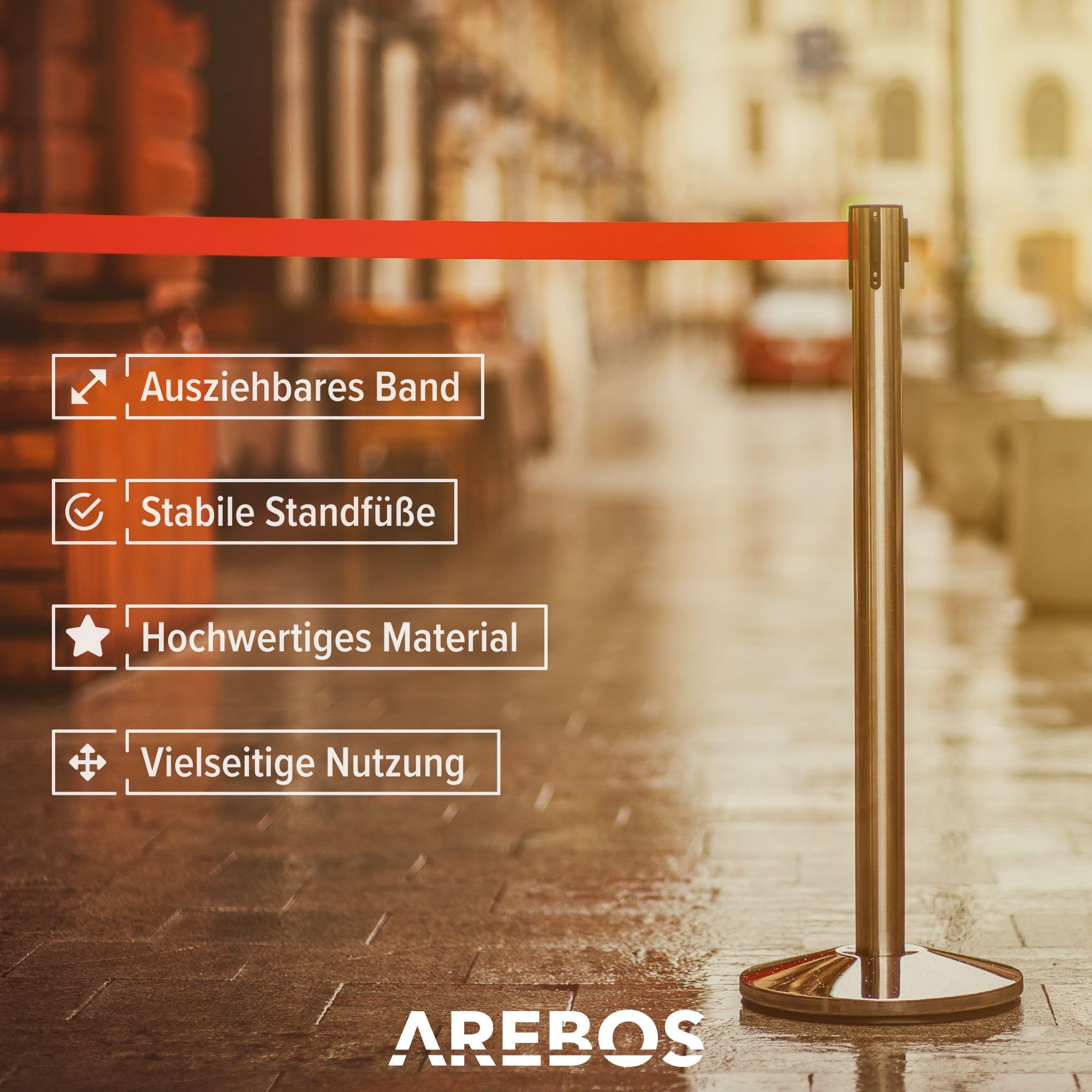 Arebos Personenleitsystem | 2 Stück | Absperrständer | Absperrpfosten | Absperrung ausziehbar | Absperrband ausziehbar | Rot | 190 cm | Edelstahl