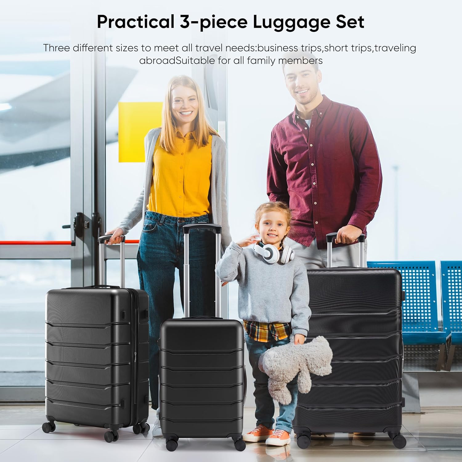 OLIXIS 3-Piece Luggage Set, 20/24/28 Inch Hardside Suitcases with Spinner Wheels, Lightweight ABS Hard Shell Travel Luggage, TSA Approved Lock, Expandable Carry-On & Checked Luggage–Black - Image 2