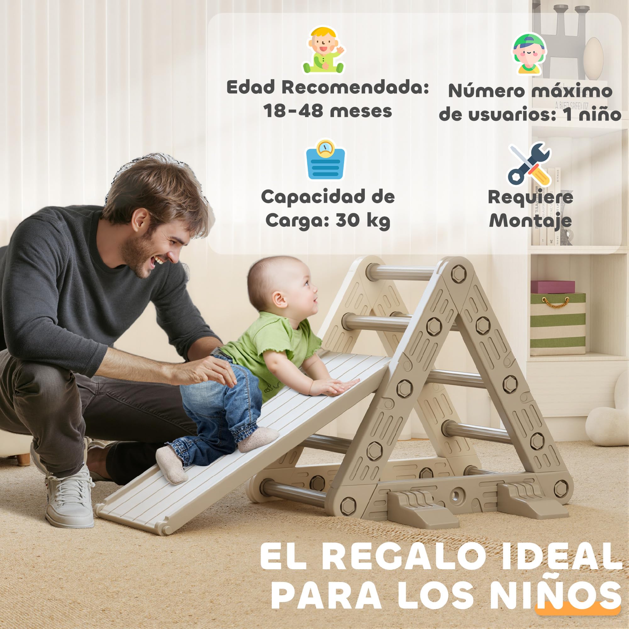 AIYAPLAY Triángulo de Escalada 3 en 1 con Tobogán y Rampa Escalador, Juguete de Escalada para Niños de 18-48 Meses, de Plástico, para Interior y Exterior, Gris y Blanco
