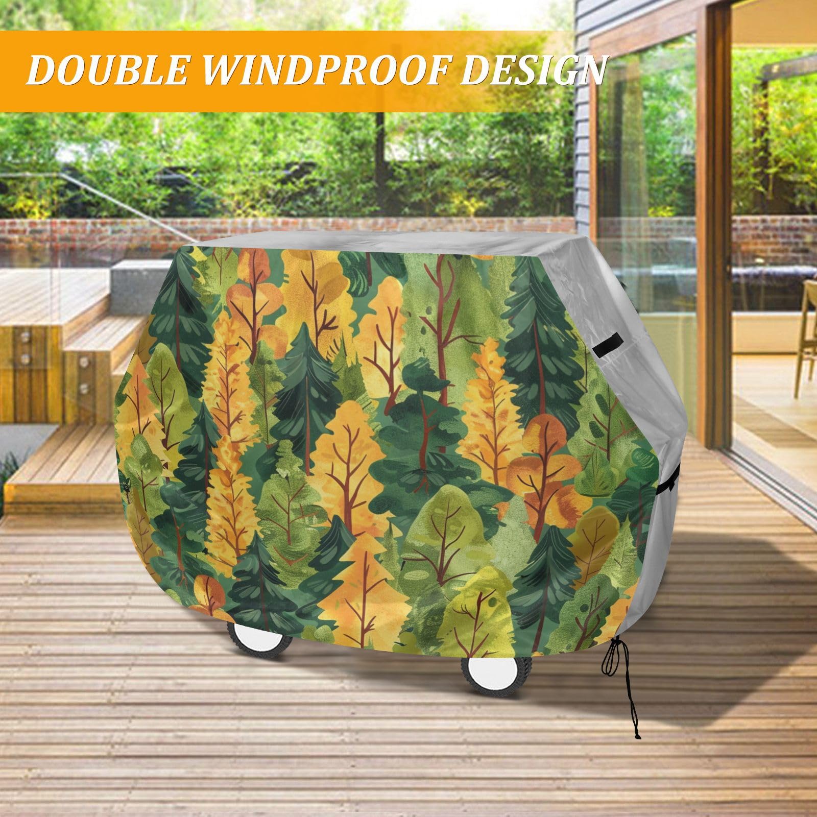 Forests zielony żółty safari pokrowiec na grilla na patio 150 cm, wodoodporny, wytrzymały, odporny na blaknięcie i promieniowanie UV, pokrowce na wędzarnie z regulowanym sznurkiem, ochrona przed