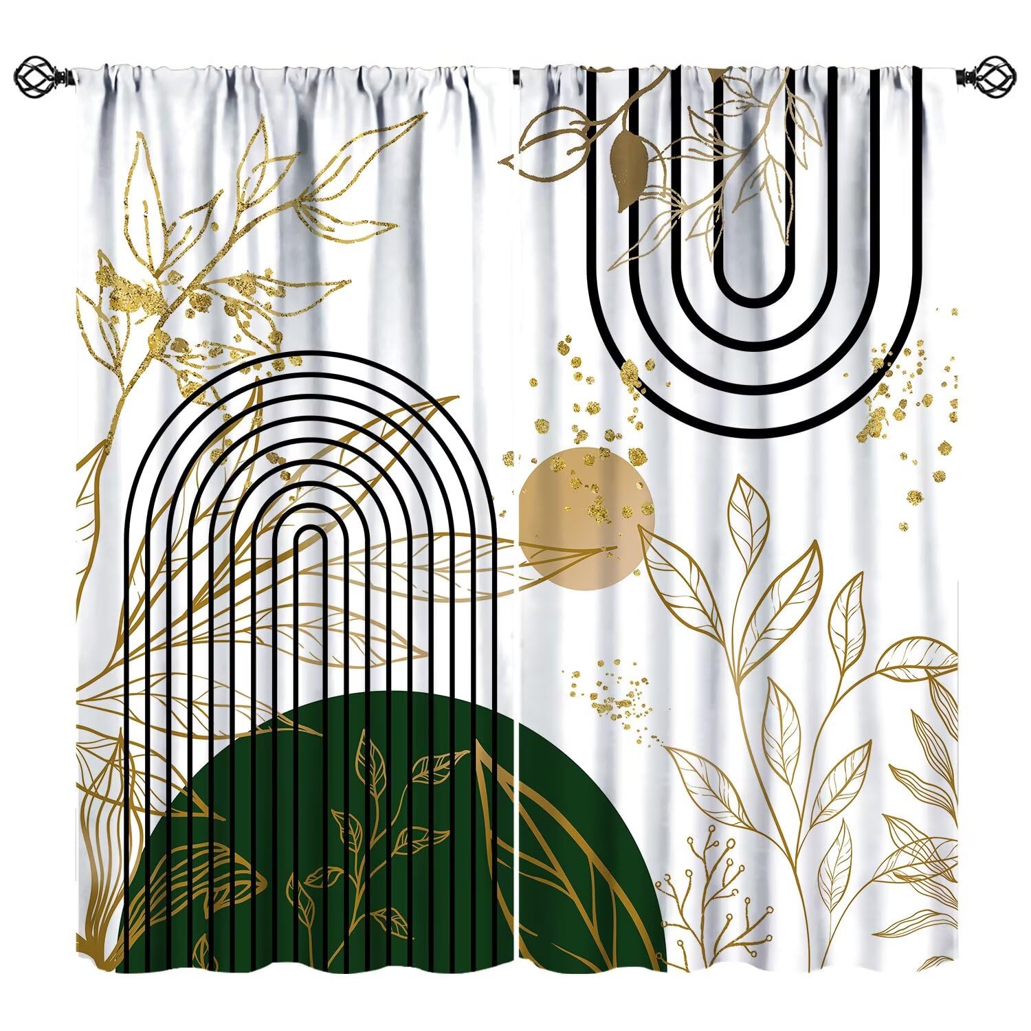 Mid Century Modern Curtains Green Tropical Palm Leaves Boho Abstract Geometric Arch Art Print for Kids Girls Boys Bedroom Living Room Rod Pocket Decoration Window Drapes 2 Panels W27.5xL63in