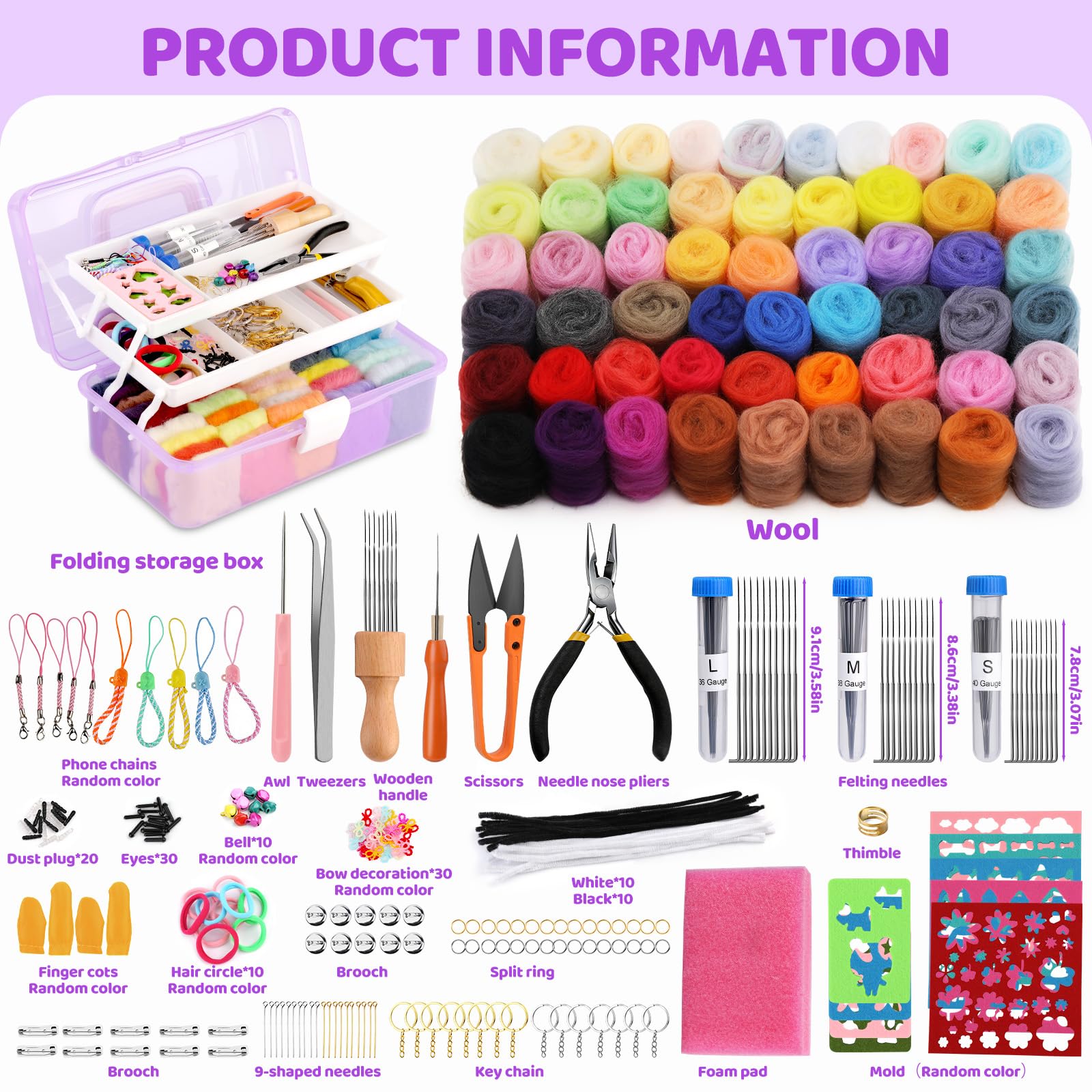 LOKUNN Kit completo de fieltro de agujas de 339 piezas, herramientas de inicio de fieltro con caja de almacenamiento, kits de fieltro para principiantes, kit de agujas de fieltro, kit de fieltro de