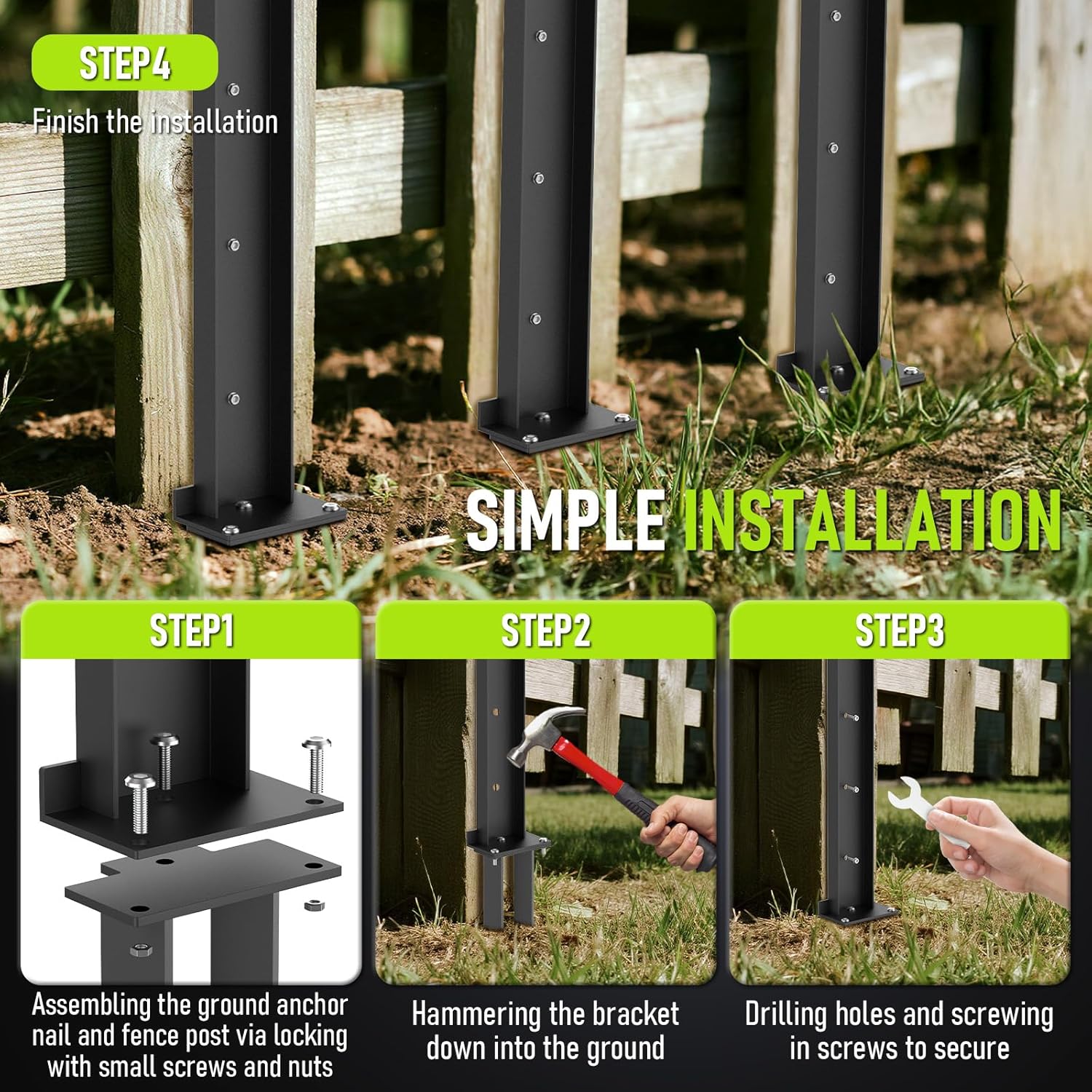 1-Pack Fence Post Repair Stakes Kit, Heavy Duty Steel Post Anchors Durable Ground Stakes for Wooden Post Repairing Tilted, Broken Wood Post Support for Backyard Garden(Black)