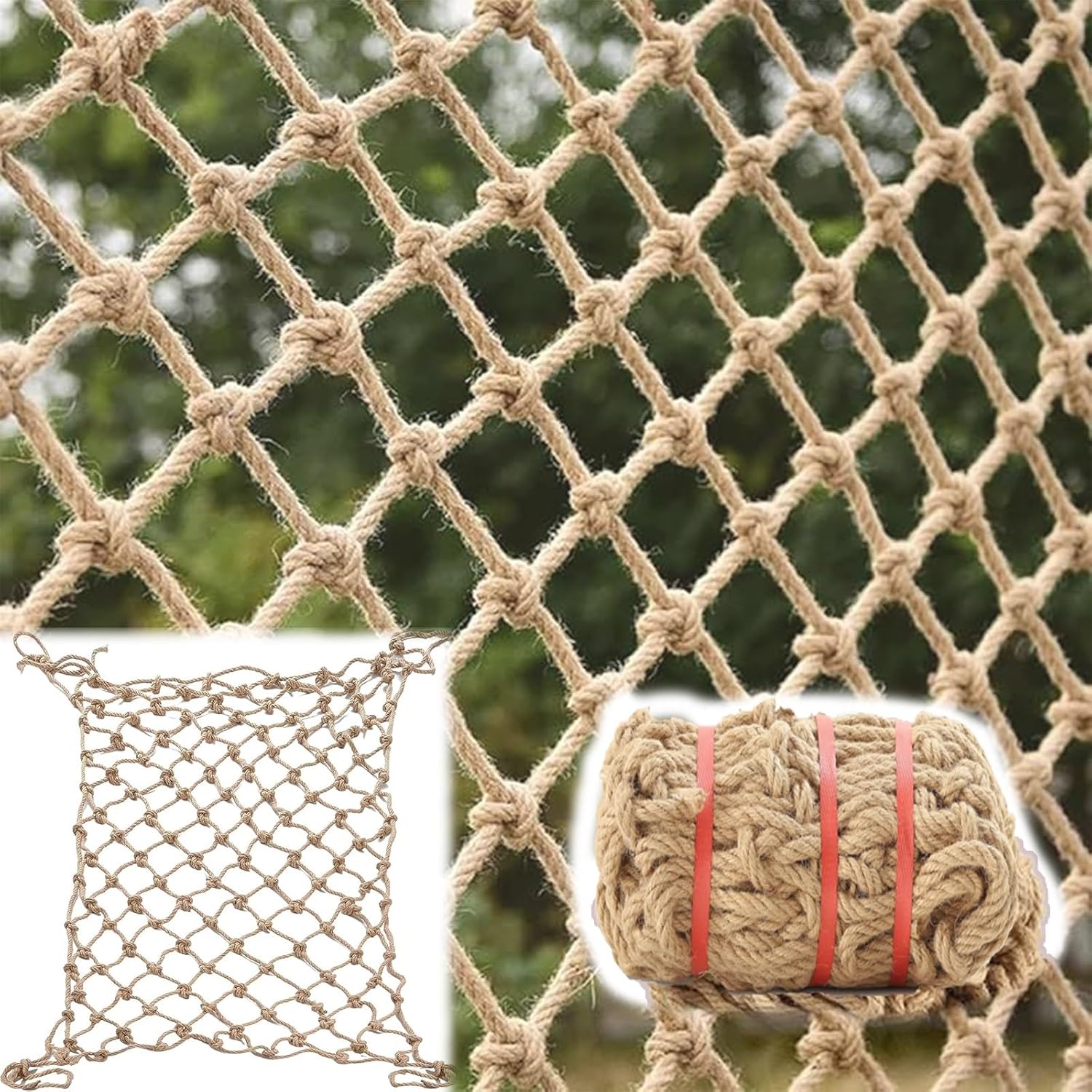 Double Layer Climbing Cargo Net, 7x23FT Polyester Sports & Jute Safety Netting for Treehouse Accessories, Outdoor Adventure Hemp Rope Net, Durable Playground Equipment