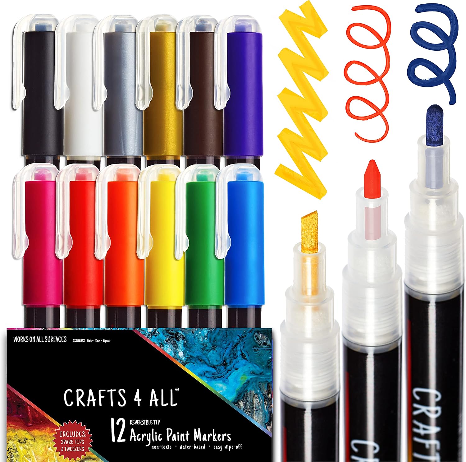 Crafts 4 All Acrylic Paint Markers Set - 12, Fine-Tip Acrylic Paint Pens for Rock Painting, Glass, Wood, Canvas and Fabric - Non-Toxic, Permanent Acrylic Markers for Pumpkin Painting Kit