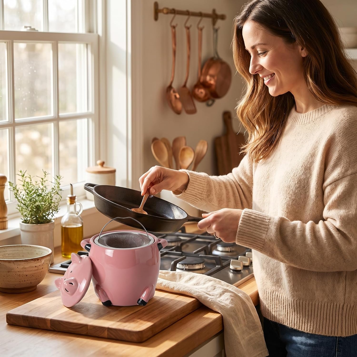 Ceramic Pig Bacon Grease Container with Strainer and Lid | Cute pig-shaped ceramic grease container with removable strainer helps collect and store bacon grease in farmhouse style.