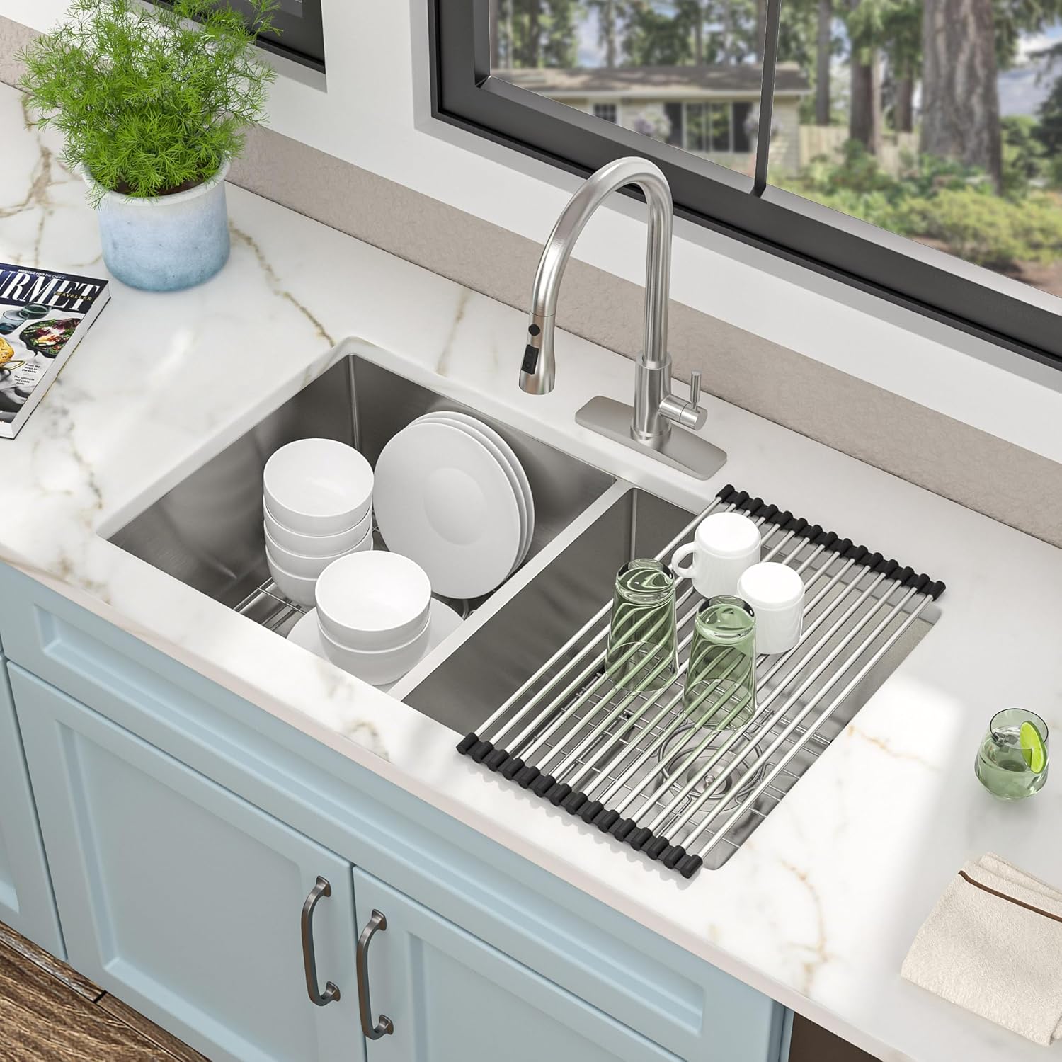 33"x19" Undermount Double Bowl Kitchen Sink - 16 Gauge 304 Stainless Steel, Under Counter 50/50 Split Sink Basin for Kitchen, Round Corners