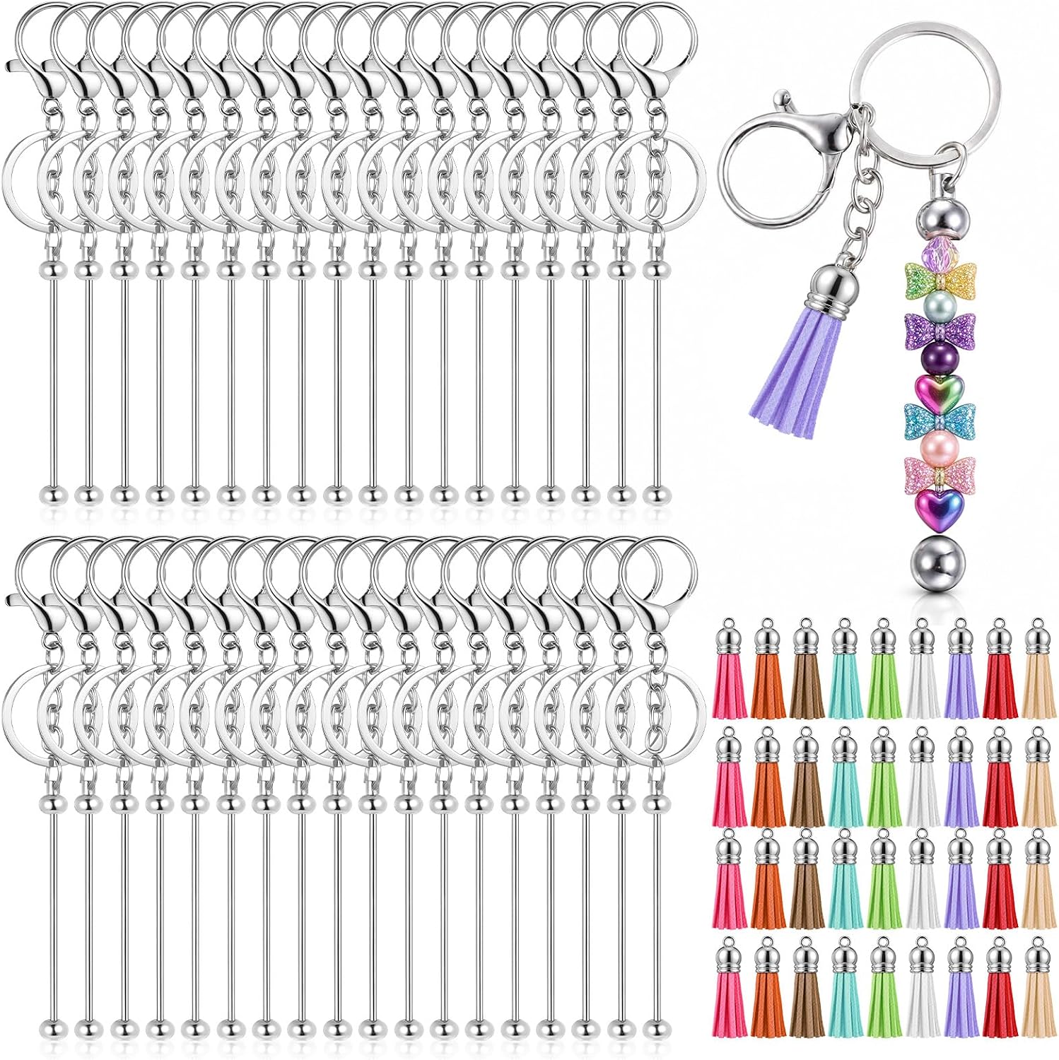 72 Pcs Beadable Keychains Bars, 36Pcs Silver Beadable Keychains