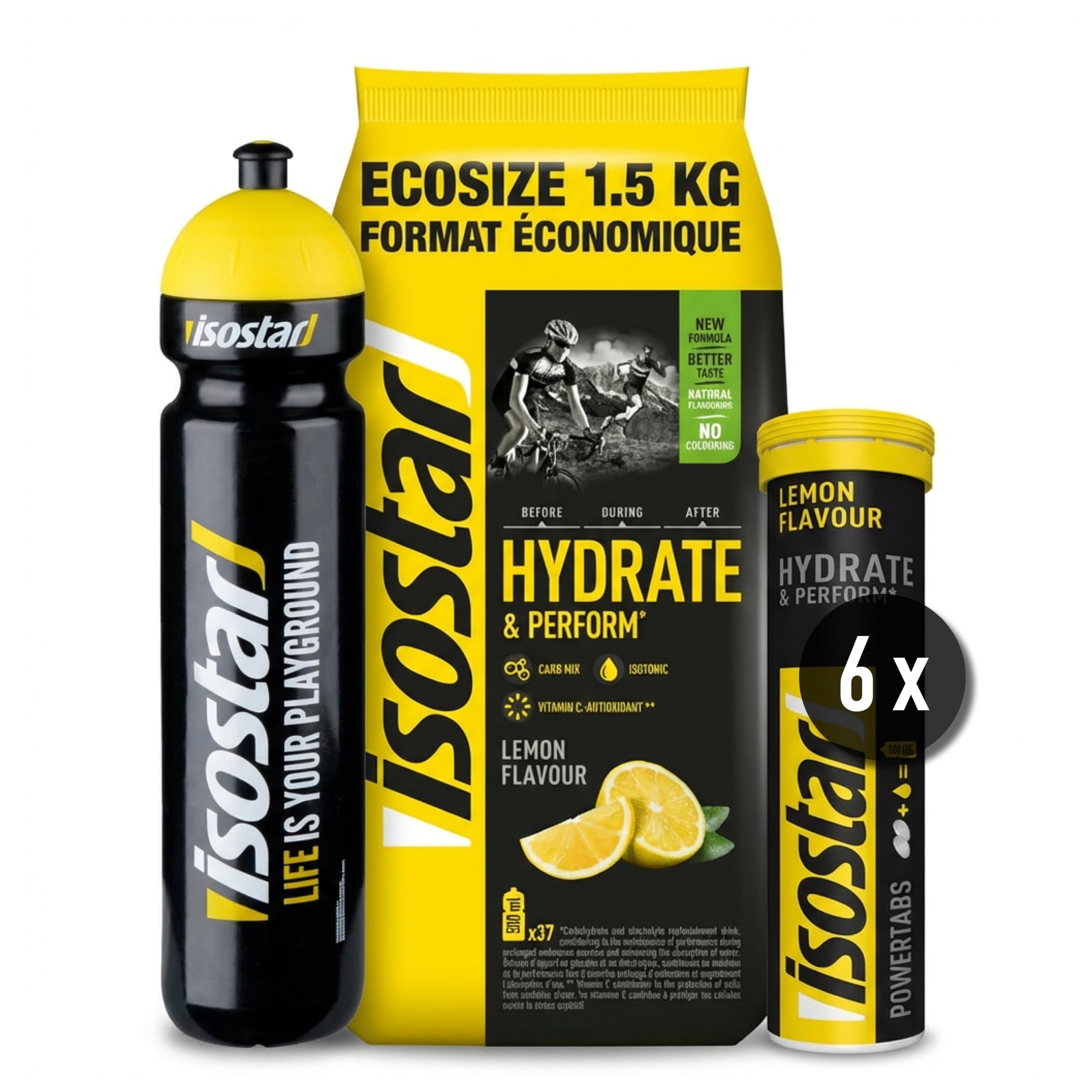 Isostar Hydrate & Perform Powder 3er Bundle - 1,5kg Lemon/Powertabs/Flasche