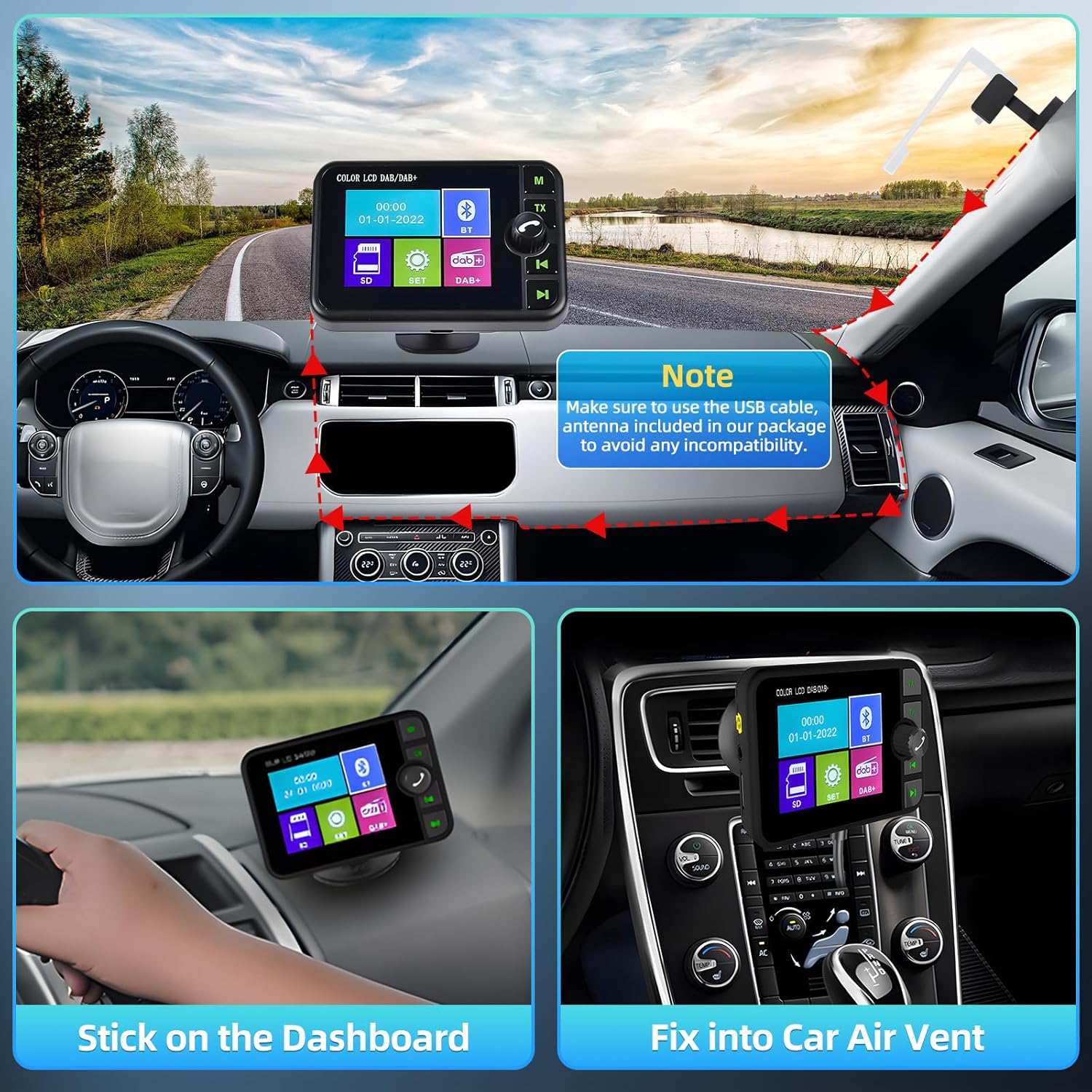 Installation guide for Podofo DAB/DAB+ Adapter in a car dashboard