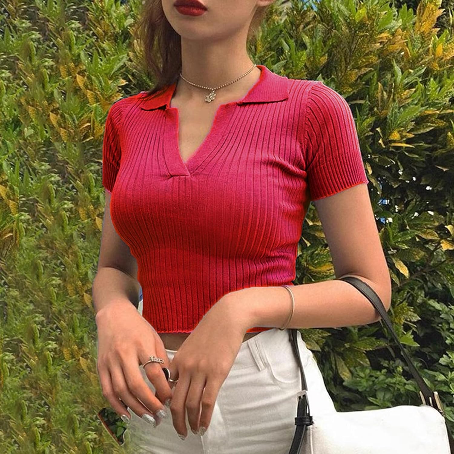 Hyipels Women Knit Crop Polo Shirts,Summer Short Sleeve Ribbed Collared T-Shirt Solid Fitted V Neck Tops - Image 5