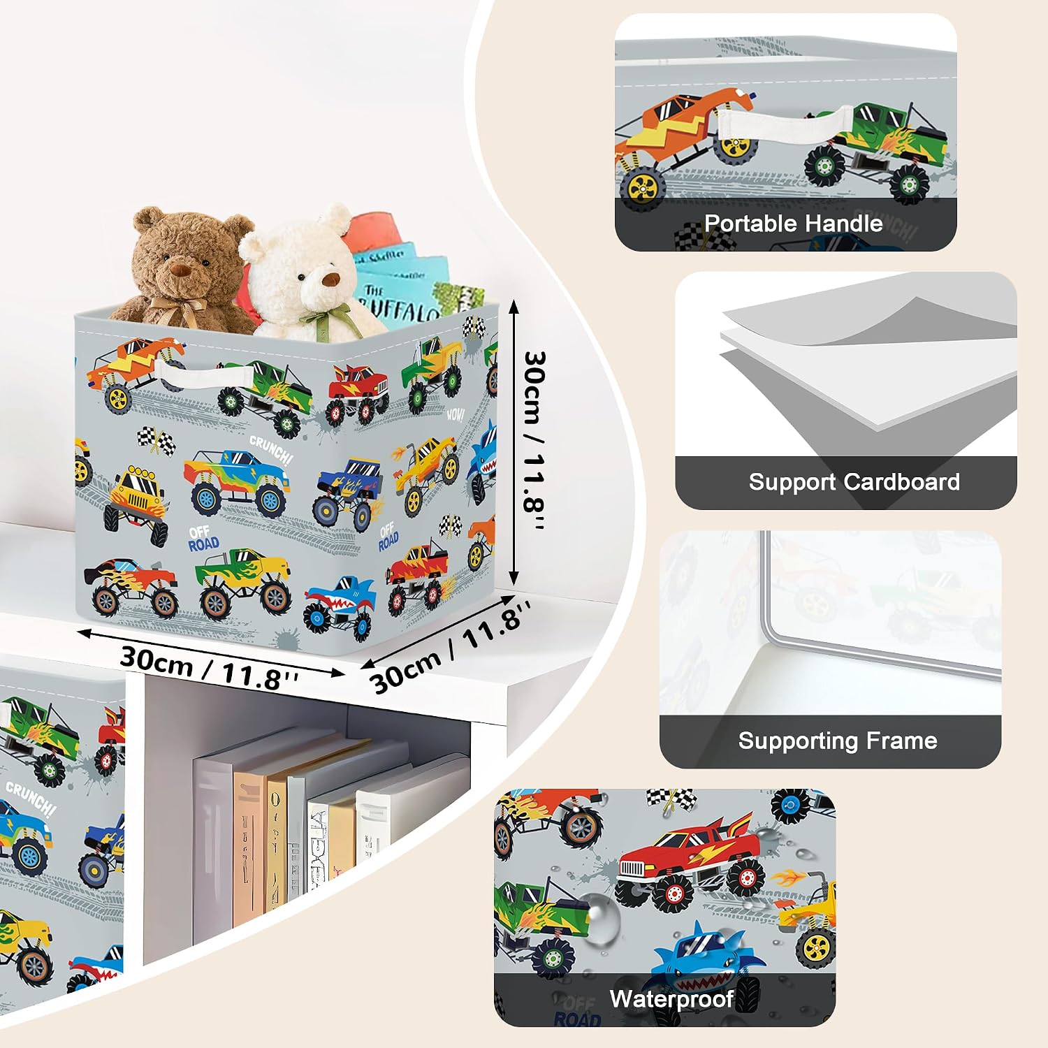 Clastyle 3 pcs Car Cube Storage Unit Boxes Kallax Box for Shelves Parents Storage Baskets for Book Clothes Toy Organizer, Monster, 11.8x11.8x11.8 in