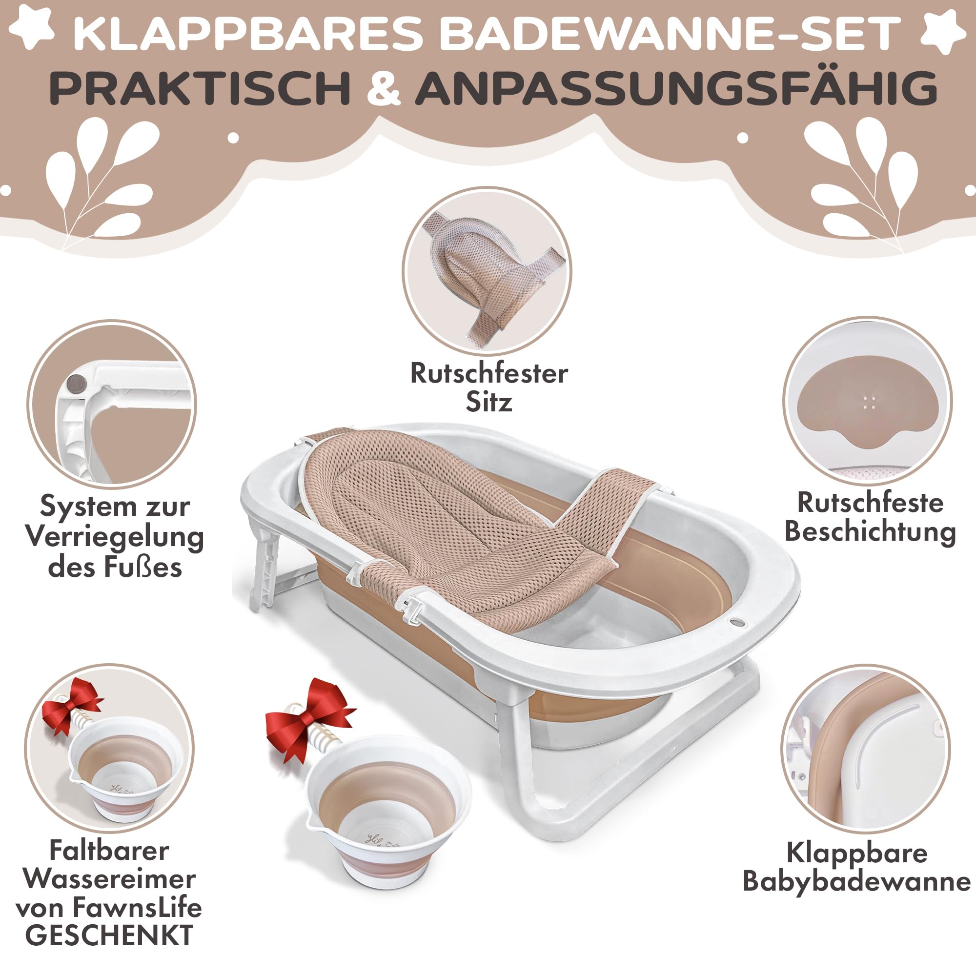 XXL Babywanne faltbar FawnsLife - faltbare badewanne baby mit bequemen Sitz und faltbarer Wassereimer- baby badewanne faltbar in Premium Qualität, praktisch für kleine Räume und Reisen.