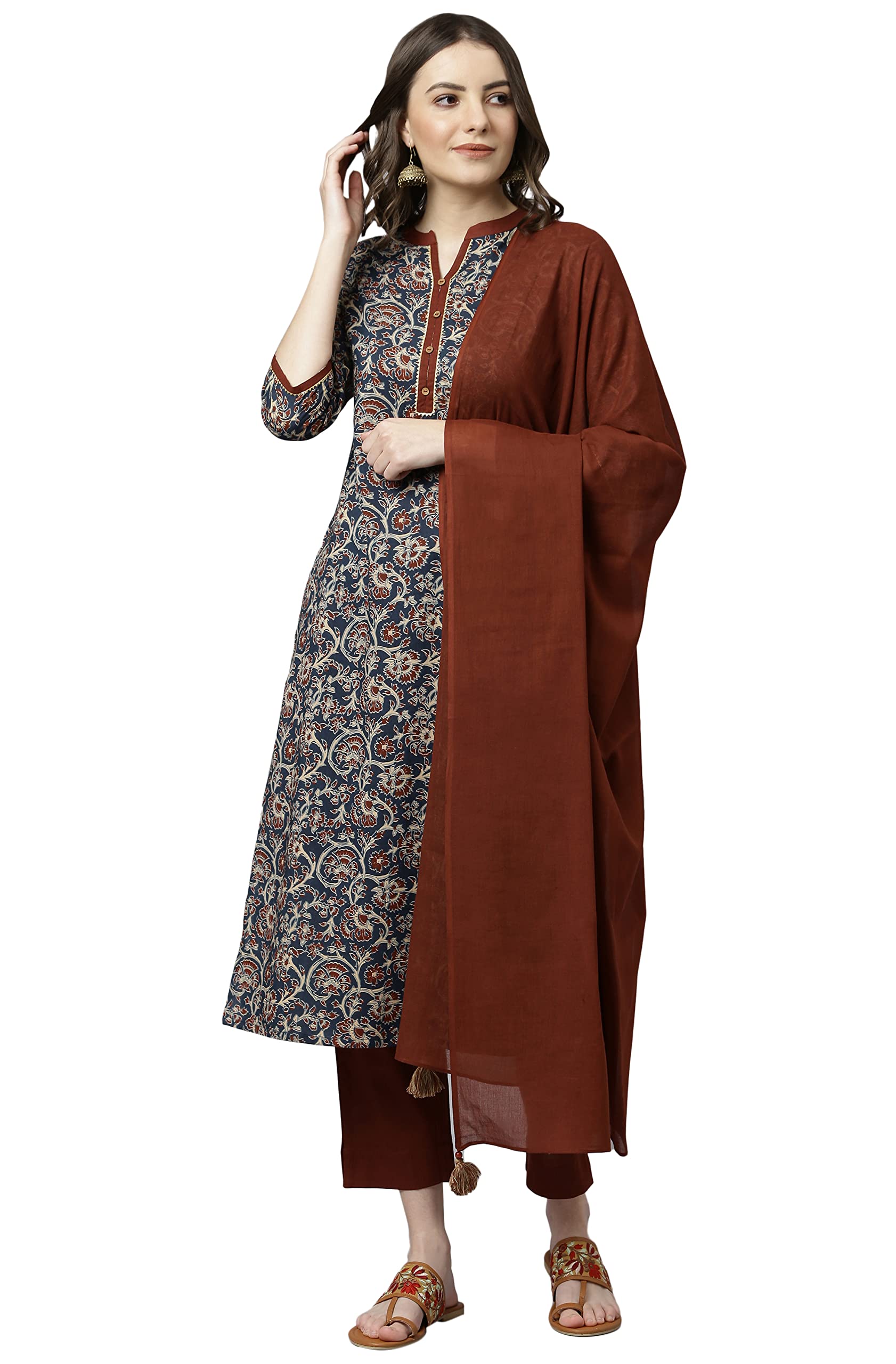 Women's Teal Teal Blue Cotton Floral Print Kurta with Pant and Dupatta-image-33