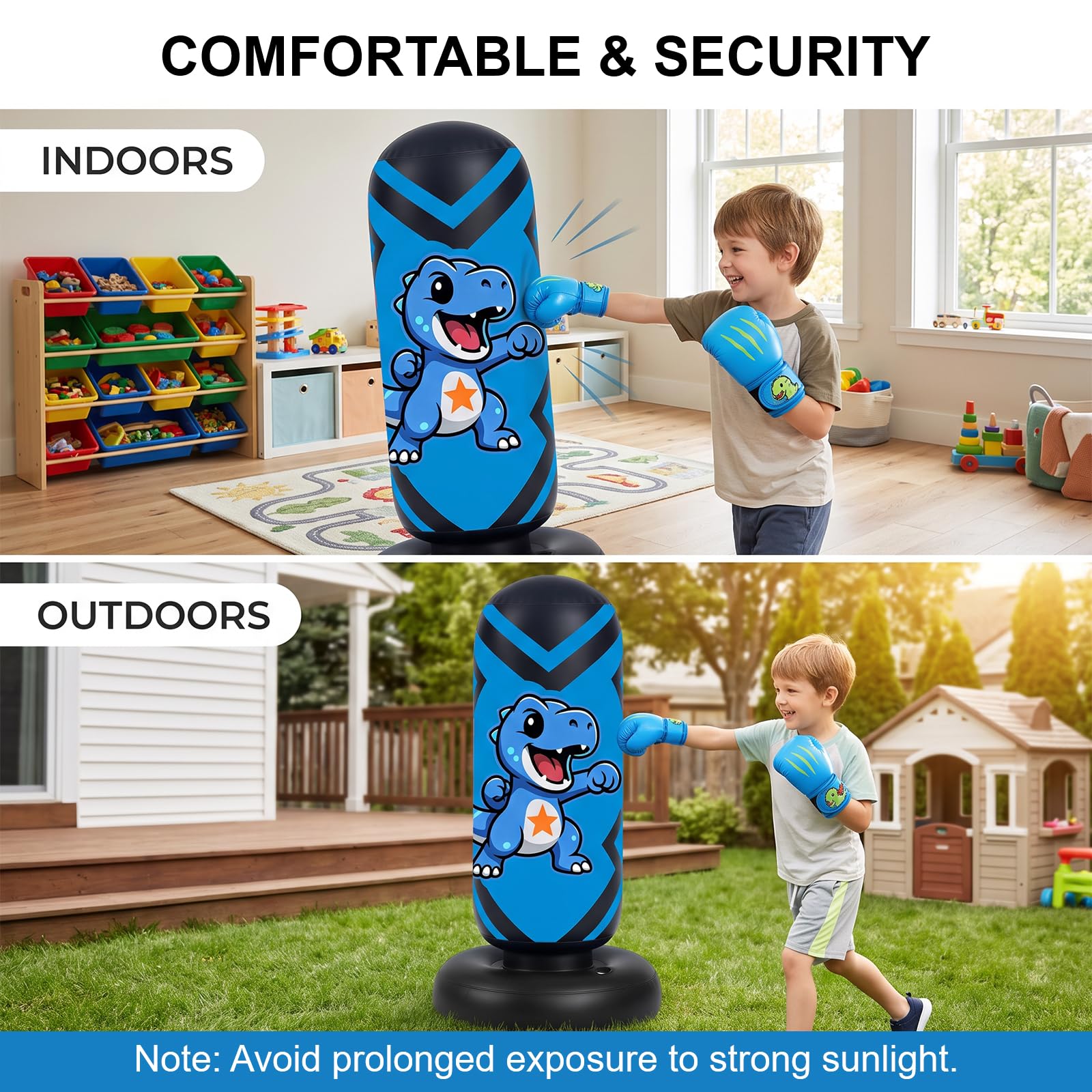 Ninonly 130cm Sacco da Boxe per Bambini Gonfiabile con Guanti e Pompa | Sacco Boxe da Terra per Bambini 3-8 Anni, PVC Resistente Punchball per Karate Taekwondo, Design Dinosauro Allenamento a Casa