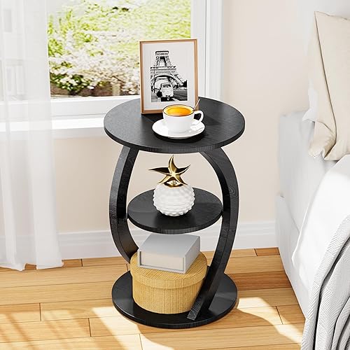 Miniatura 5 de Mesa auxiliar redonda, mesa auxiliar moderna con estante de almacenamiento, mesita de noche de madera de diseño curvo, mesa decorativa de 3 niveles